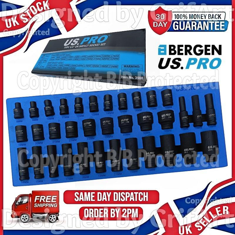 35PC SET 1/2″ DRIVE 6PT CR-V DEEP AND SHALLOW HEX IMPACT SOCKET LONG SHORT REACH