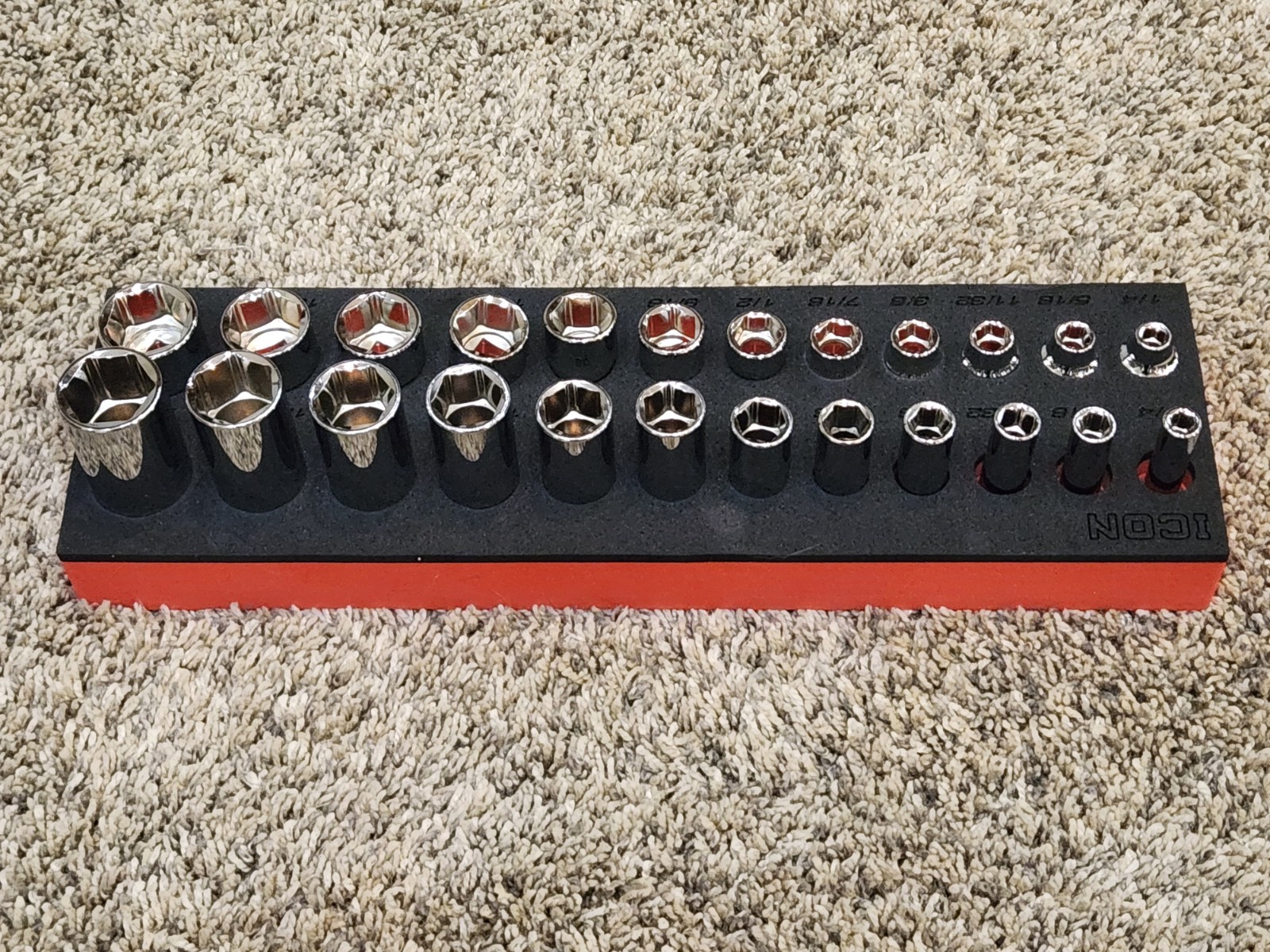 Icon 24 pc 3/8 DRIVE SAE DEEP SOCKET SET 6 POINT 1/4″-7/8″ Short Deep Foam NEW