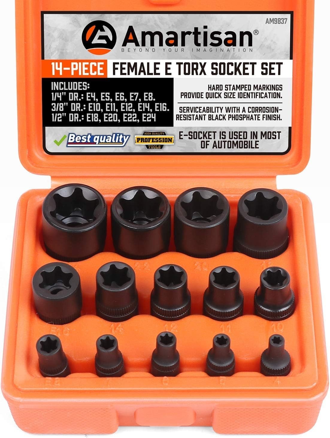 Amartisan 14 Pc Female E-Torx Star Socket Set/Rail, 1/4″ 3/8″ E4 – E24, Black