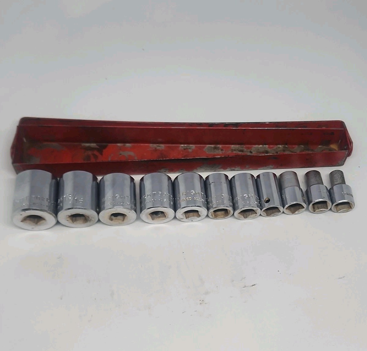 Vtg Wright 3/8″ Drive SAE 11 Piece 6pt Socket Set 1/4″ to 7/8″ – USA
