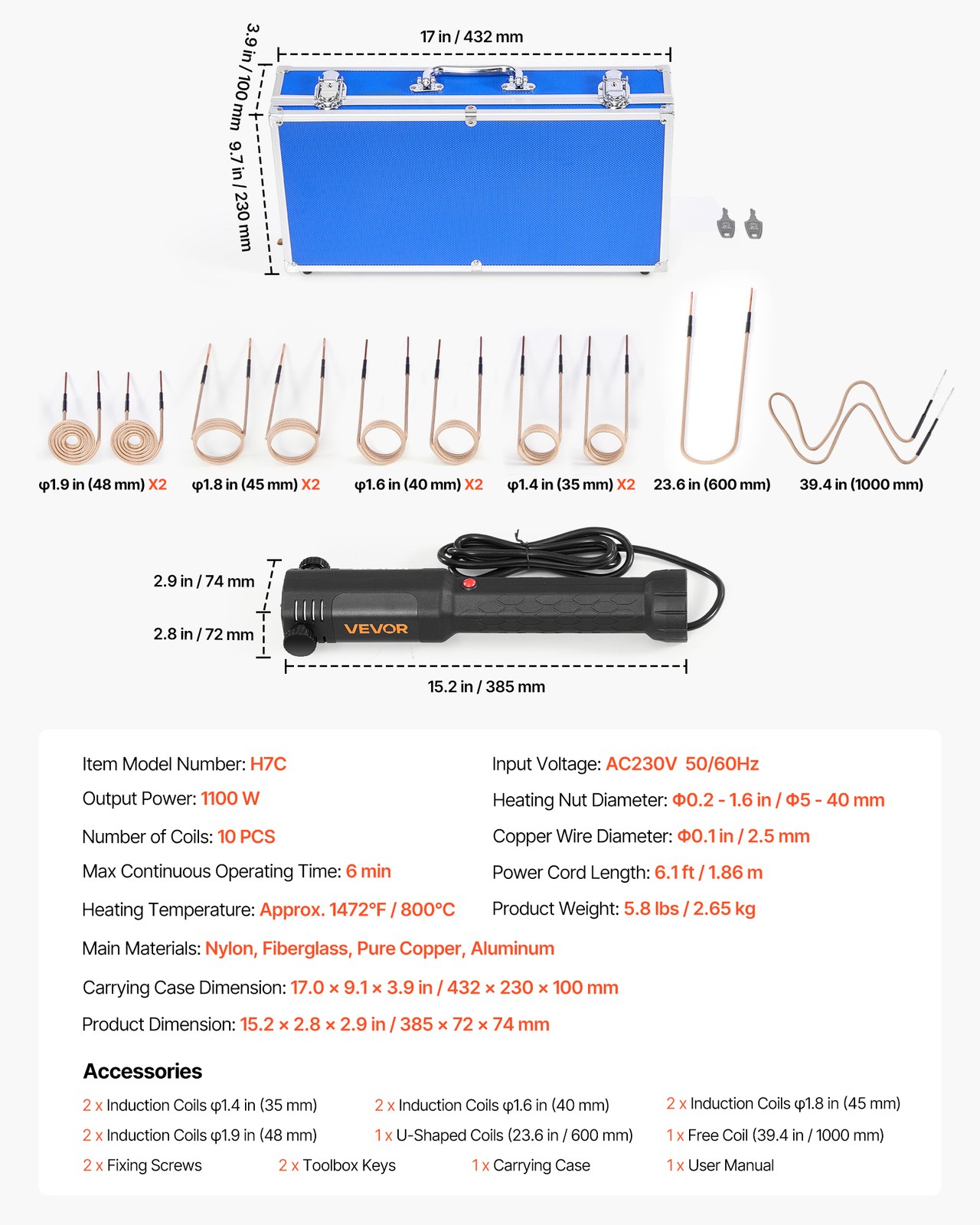 VEVOR Induction Heater Bolt Removal Magnetic Kit Rusty Screw Removing 1100W 110V