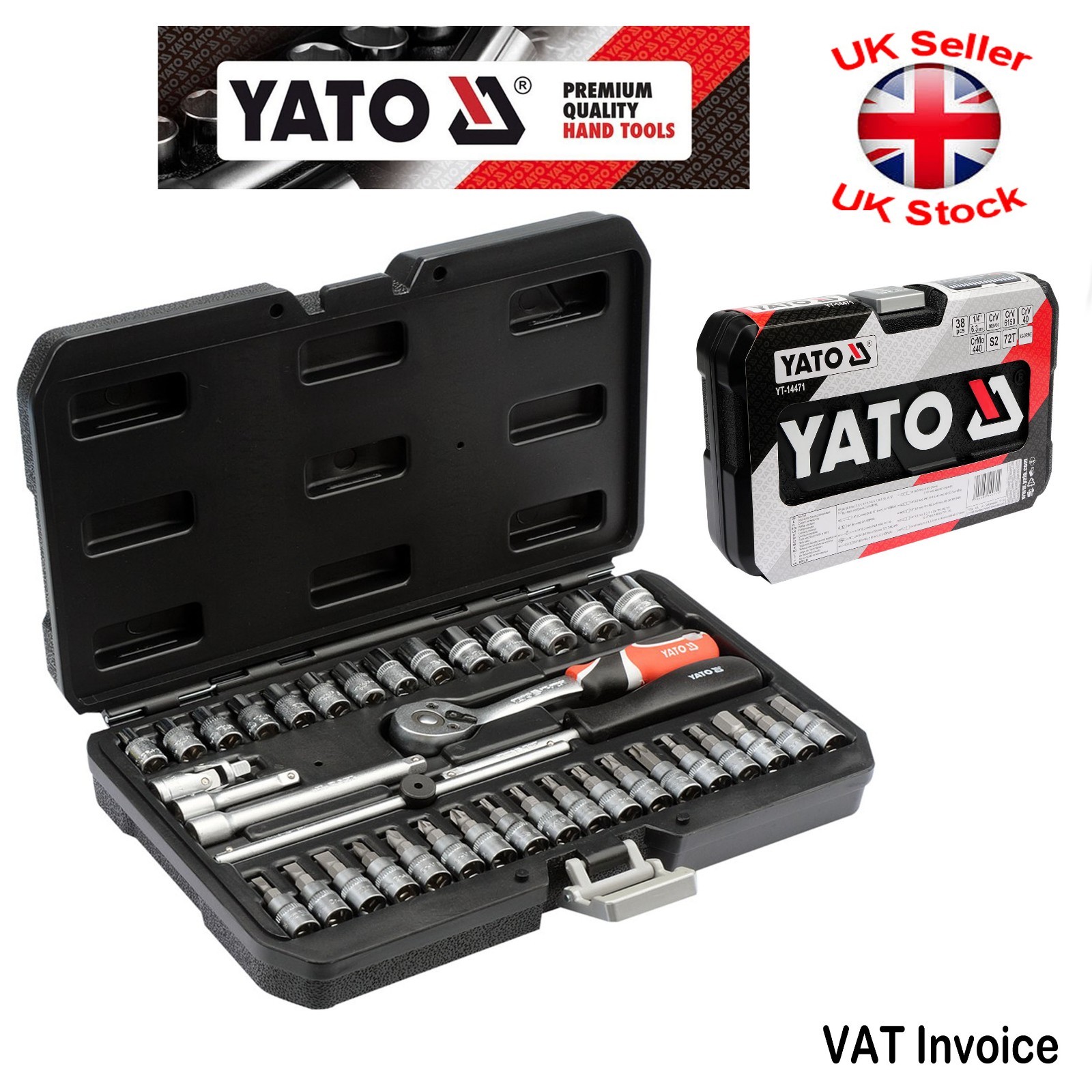 Yato Professional 38 pcs Ratchet Socket Set 1/4″ Tools Toolbox YT-14471