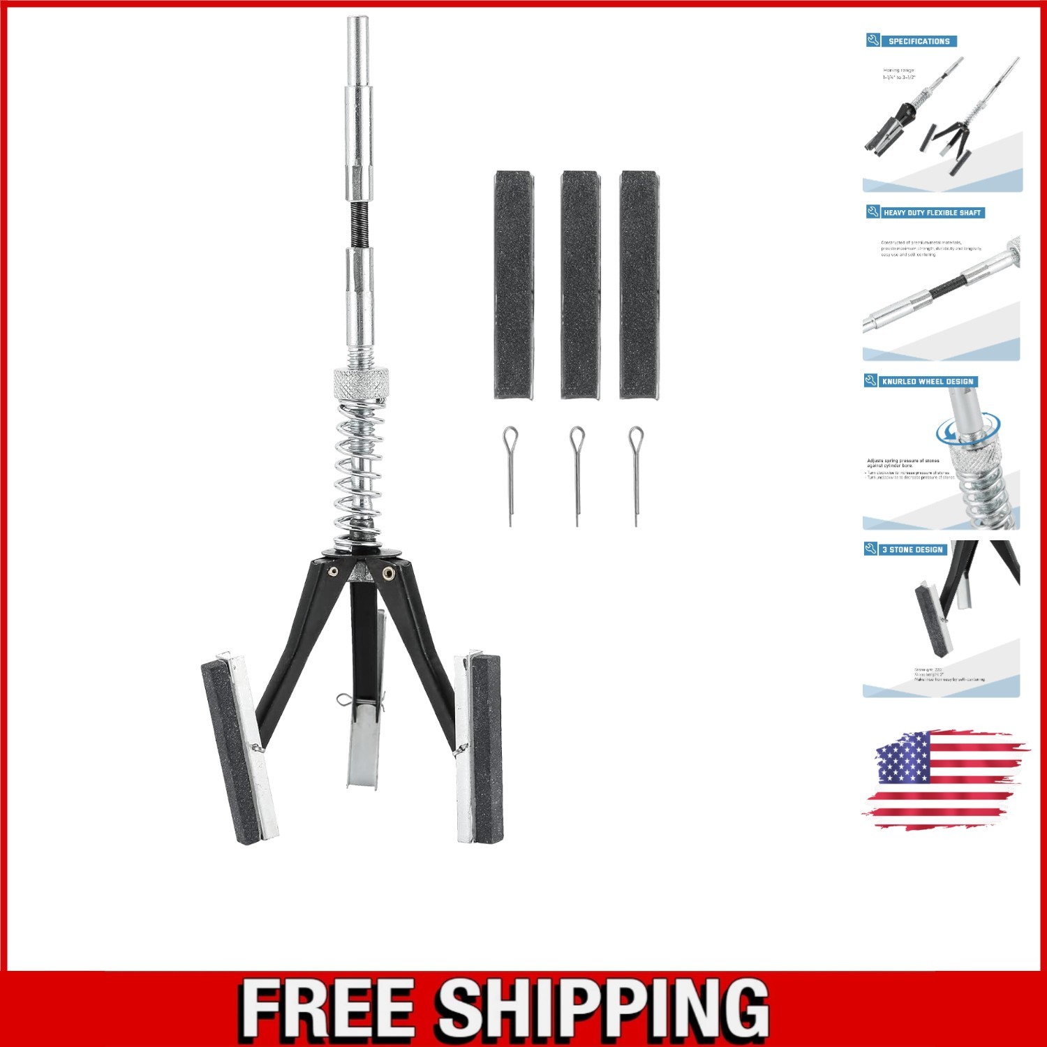 Engine Cylinder Hone Tool with 3 Stones – Grind from 1-1/4″ to 3-1/2″ Dia.