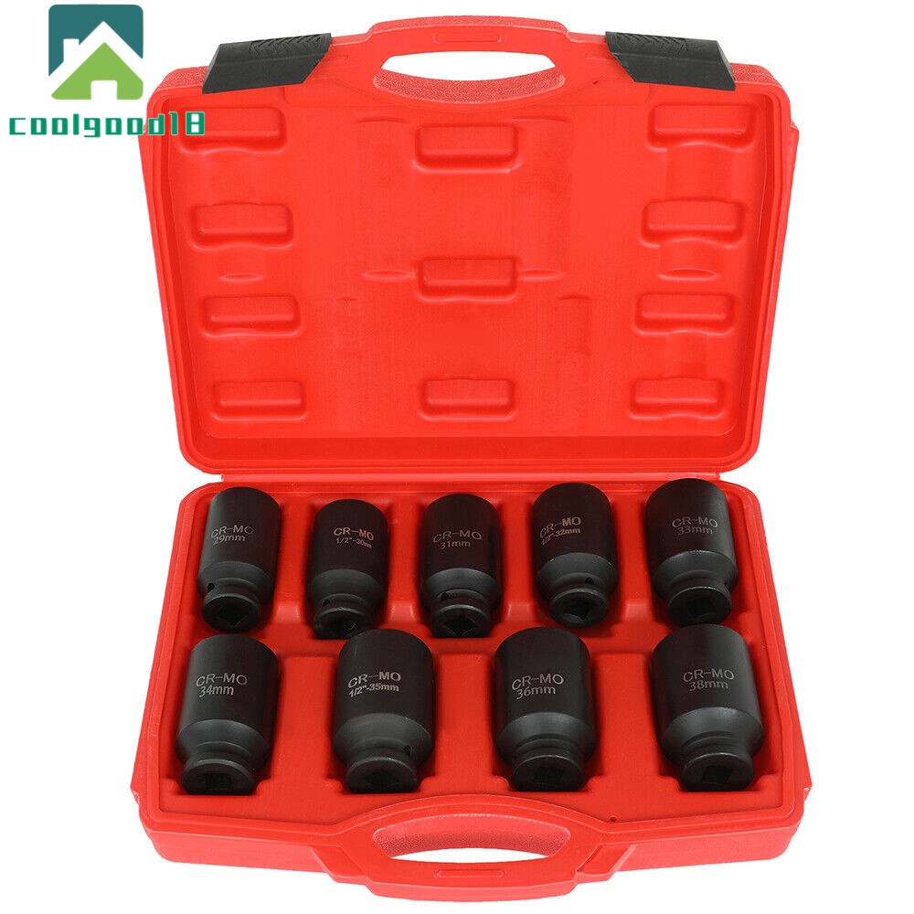 9Pcs 1/2″ Drive Metric Axle Hub Nut Socket Deep Impact Socket Tool Kit 29-38mm