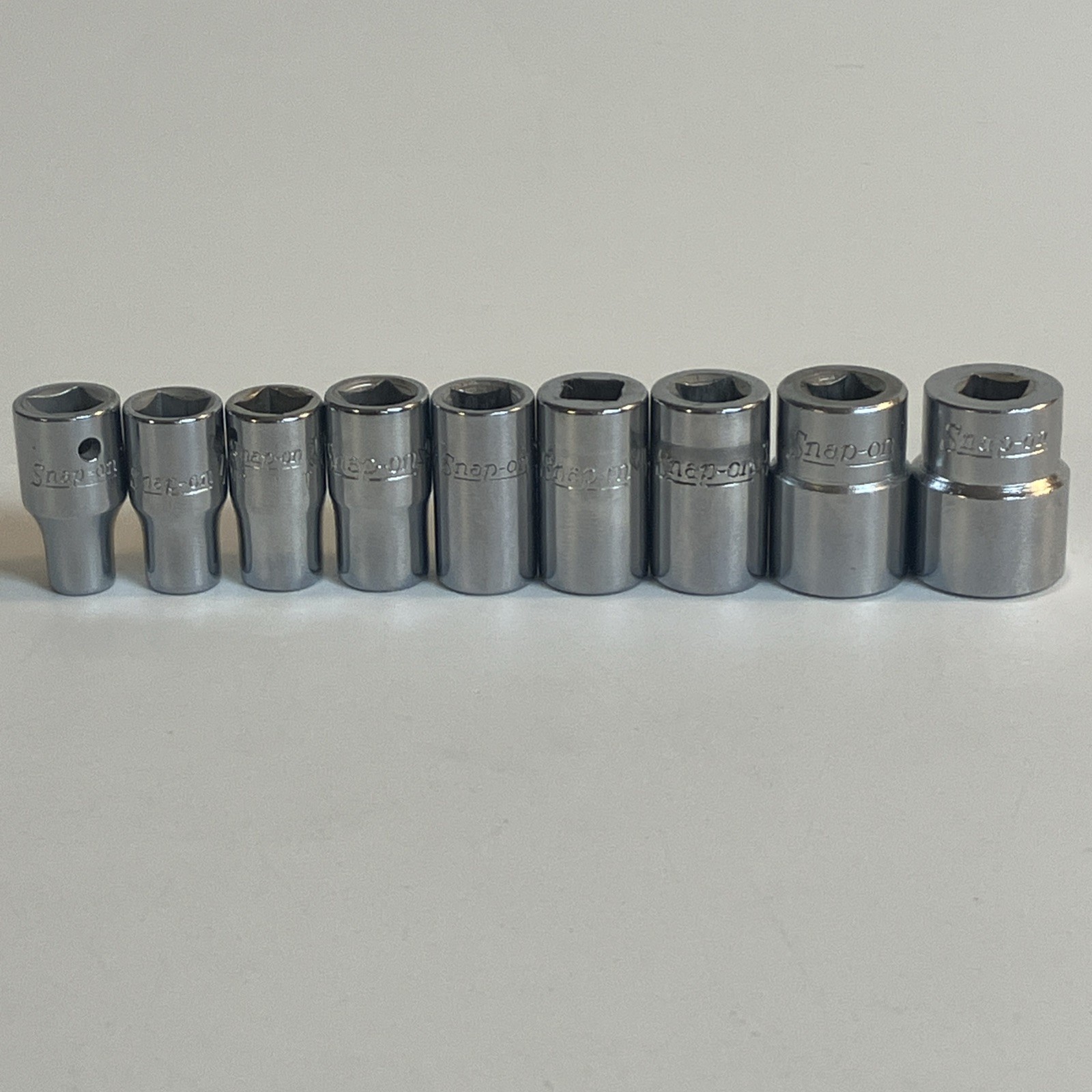 Snap On Tools 1/4″ Drive 9 Pc SAE Shallow 6 Pt Socket Lot TM6 – TM18 3/16″-9/16″