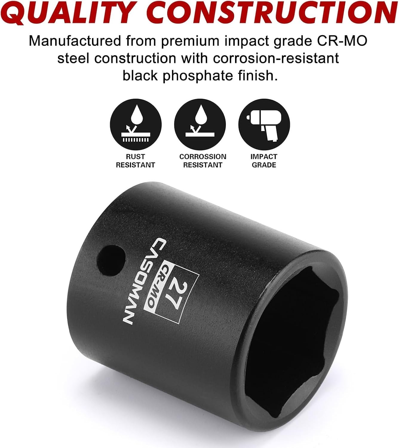 Durable 27mm 6-Point Impact Socket, 1/2 Inch Drive, Corrosion-Resistant Finish