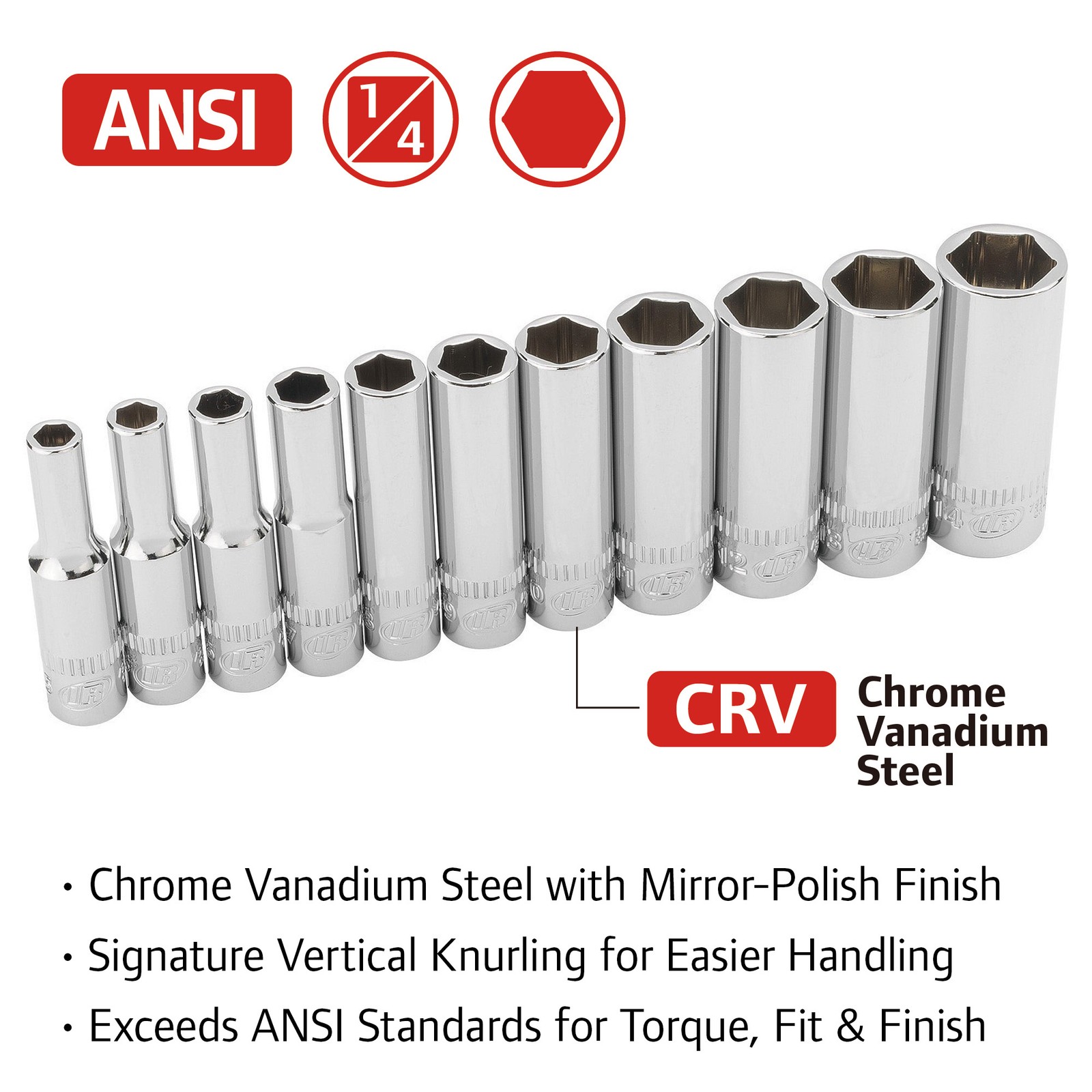 Ingersoll Rand 11 Piece 1/4 Inch Drive Metric 6 Point Deep Socket Set – 752045X