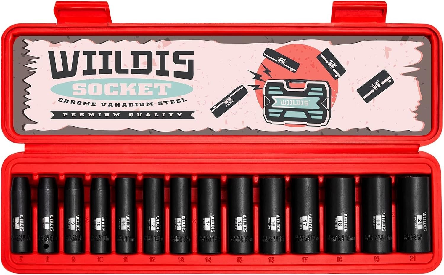 14-Piece 3/8-Inch Drive Impact Socket Set 7-21mm CR-V 6-Point Black Finish
