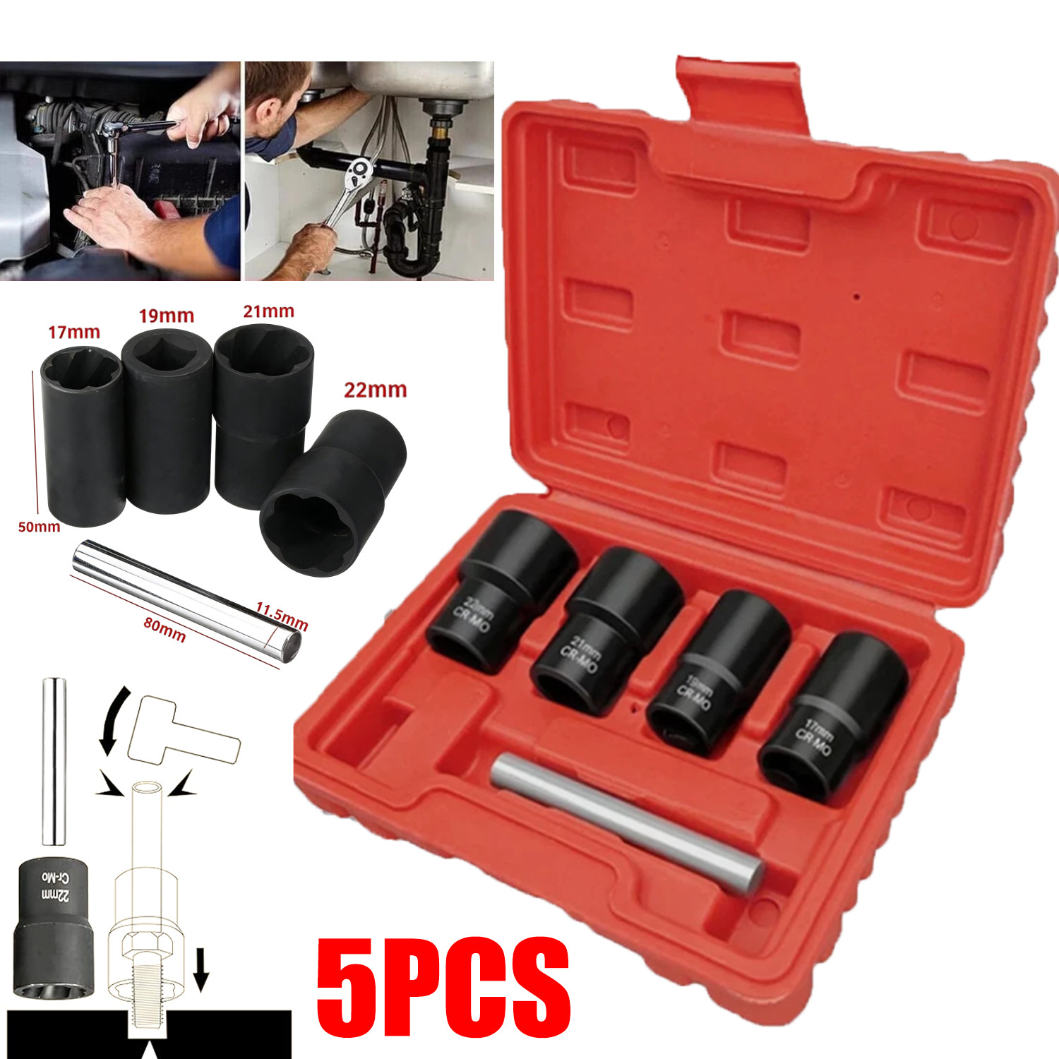 5Pc 1/2” Twist Socket Drive Wheel Lug Nut Damaged,Stripped Remover 17 19 21 22mm