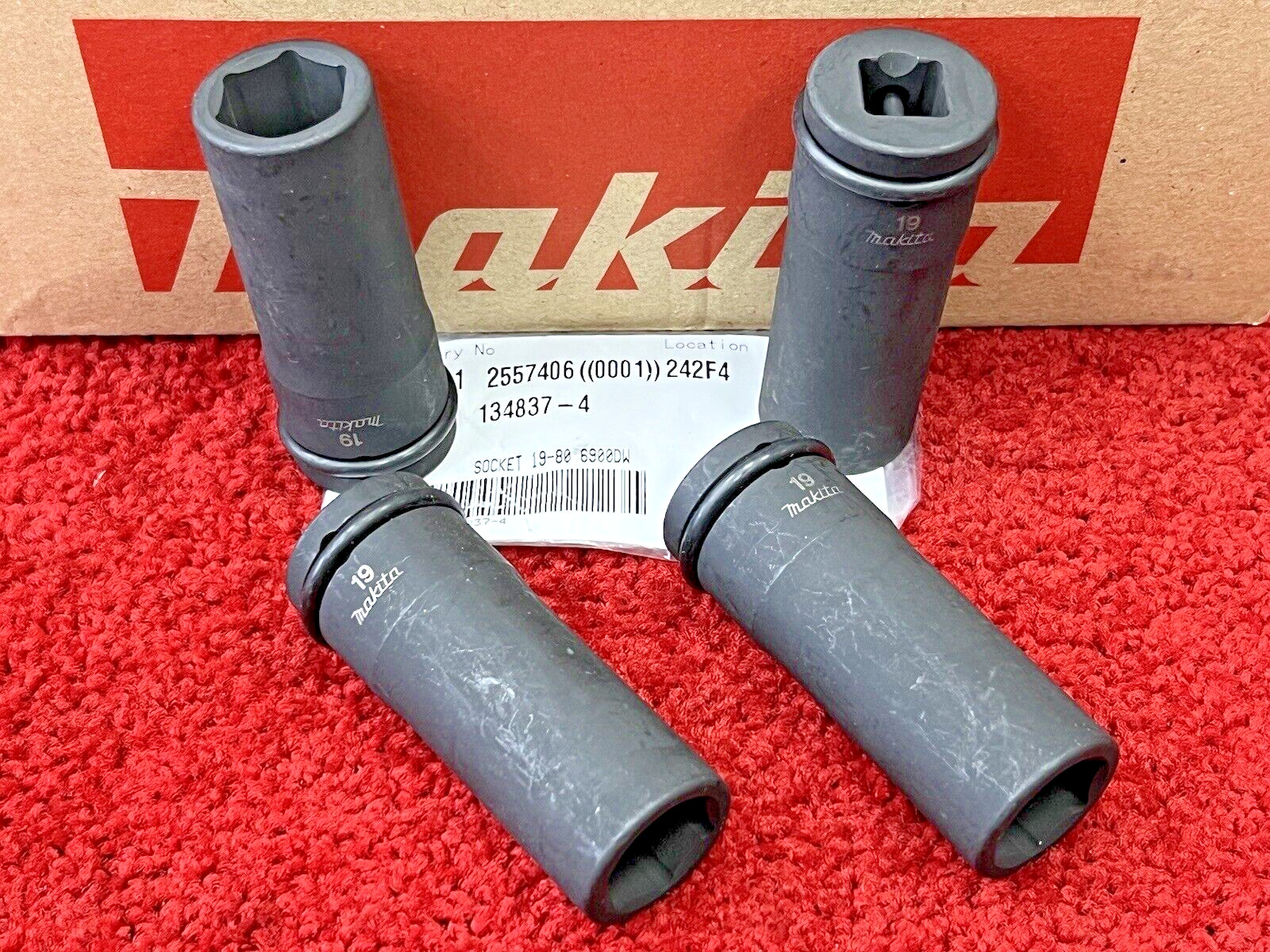 4x Genuine Makita 19mm Impact Socket 80mm long + retaining Pin + O-Ring 1/2”