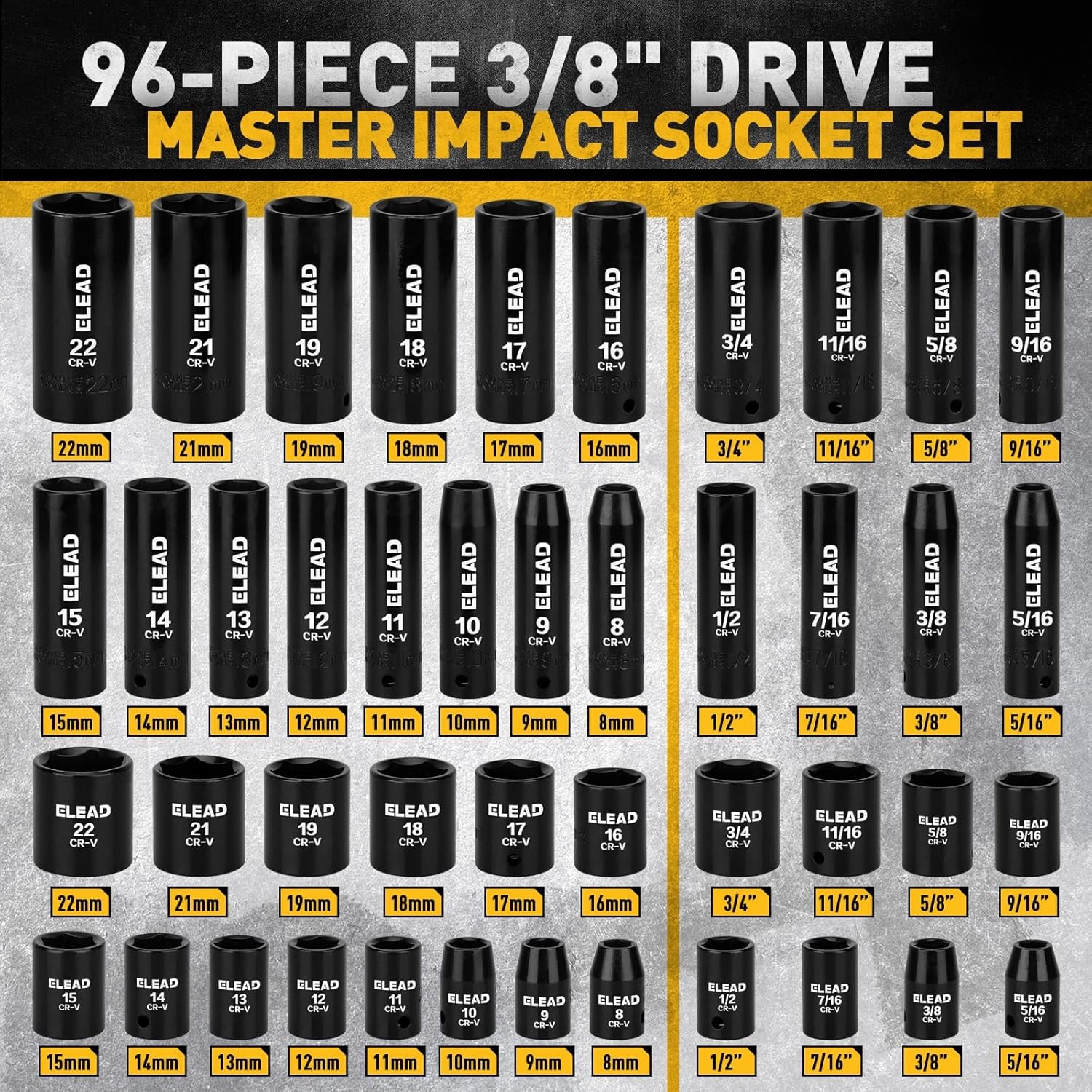 96Pcs Impact Socket Set 3/8 In Drive SAE Metric Chrome Vanadium Steel automotive