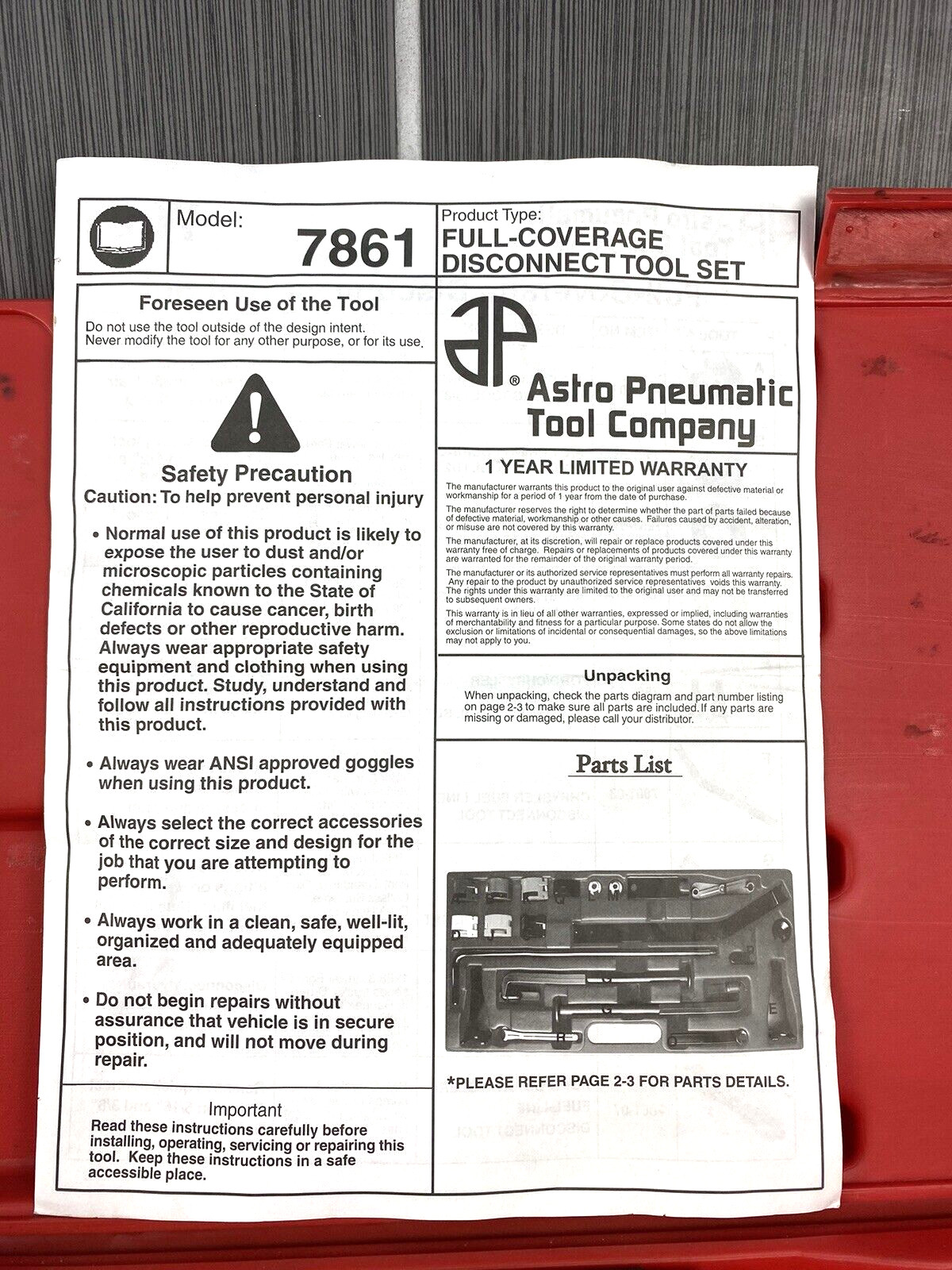 Astro Pneumatic 7861 Full-Coverage Disconnect Tool Set – Missing 7861-07 in Case