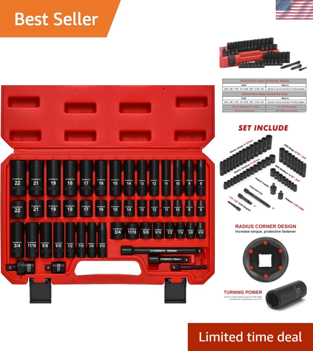 Durable 3/8″ Drive Impact Socket Set – 49 Pieces in SAE and Metric Sizes