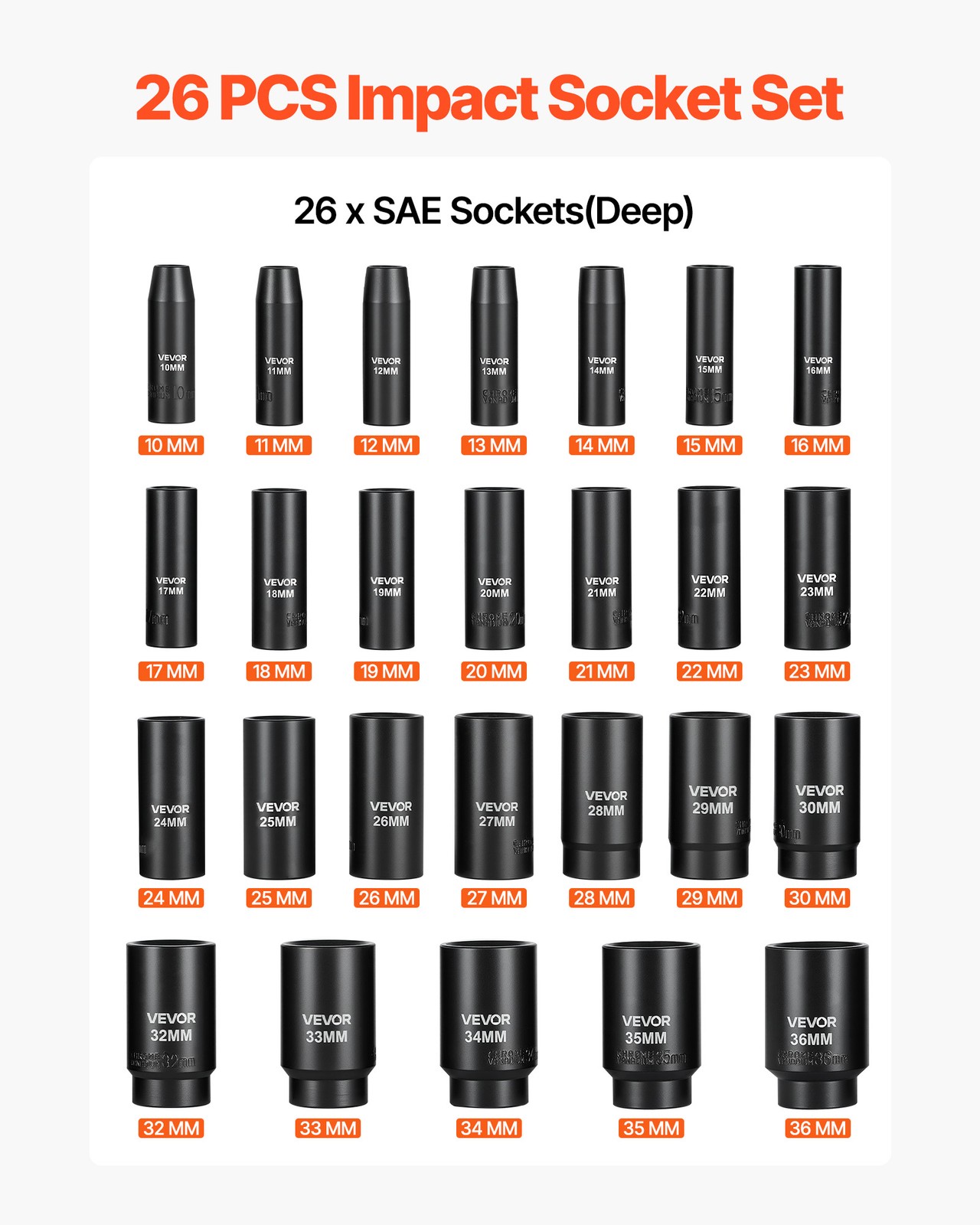 VEVOR Impact Sockets Set 1/2 Inch Drive 26 PCS Metric 10mm – 36mm Deep 6-Point