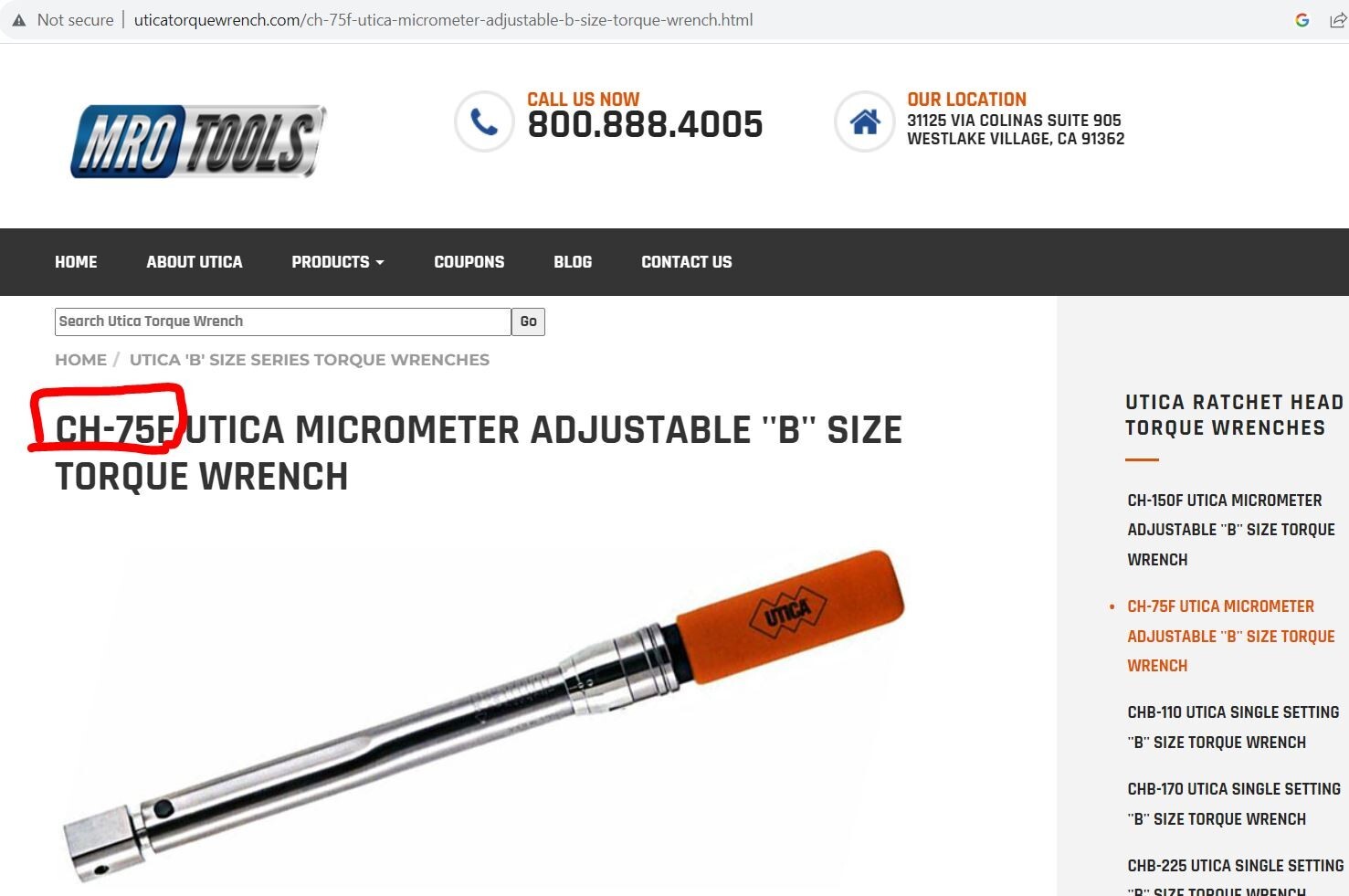Utica CH-75F Micrometer Adjustable ”B” Size Torque Wrench