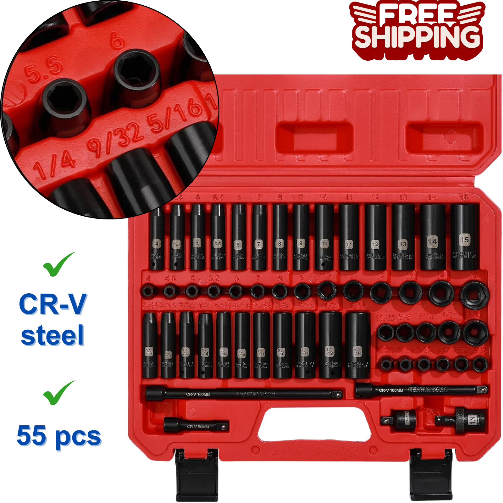 1/4 Inch Drive Master Impact Socket Set 55-Piece 6 Point SAE/Metric Deep/Shallow