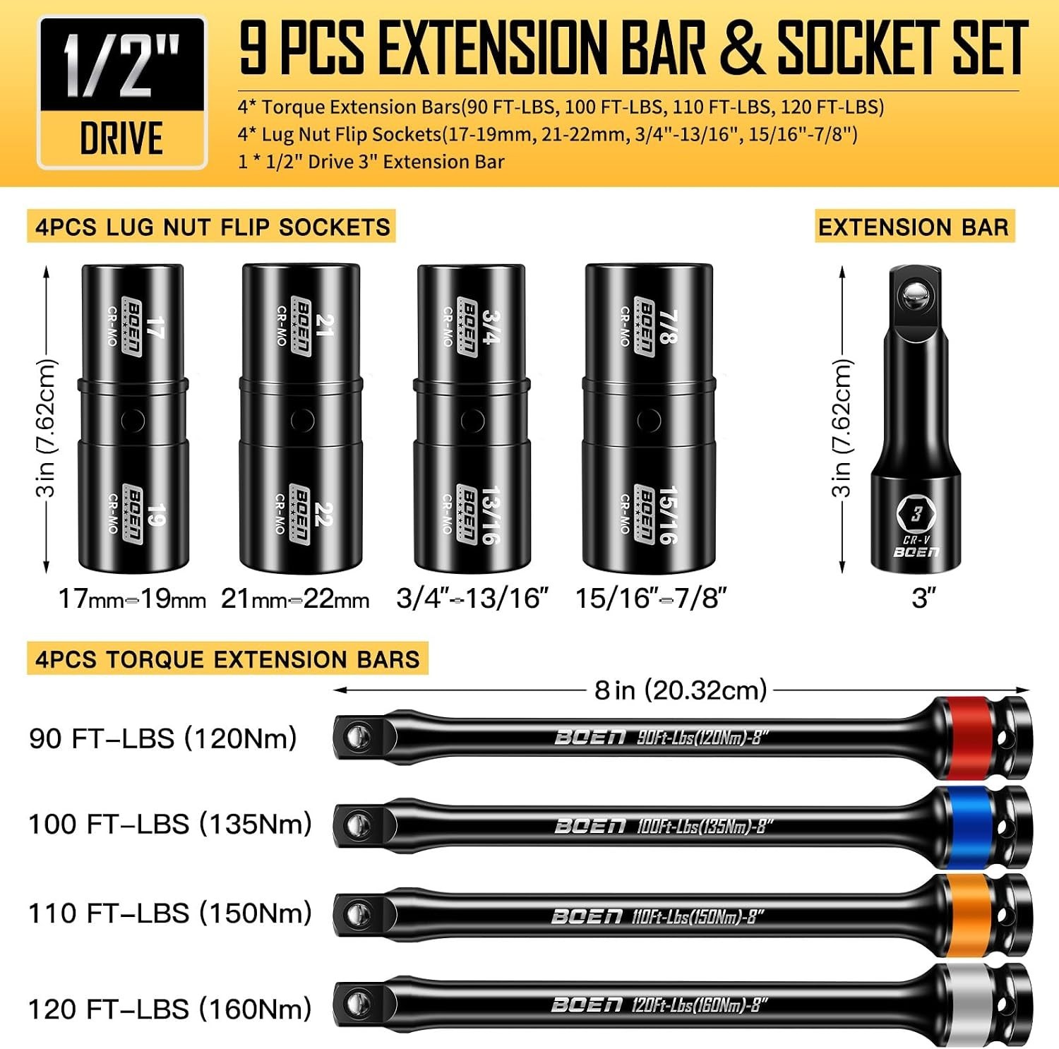 Precision 8-Inch Torque Limiting Extension Bar & Flip Socket Set – Cr-Mo 9PCS