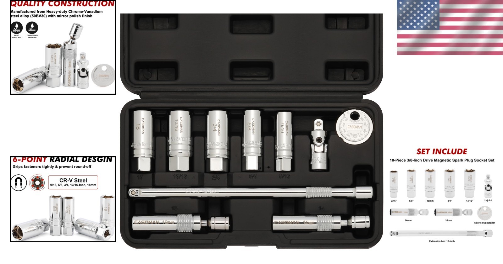 Casoman 10pc Spark Plug Socket Set, Magnetic Tip, CR-V Steel