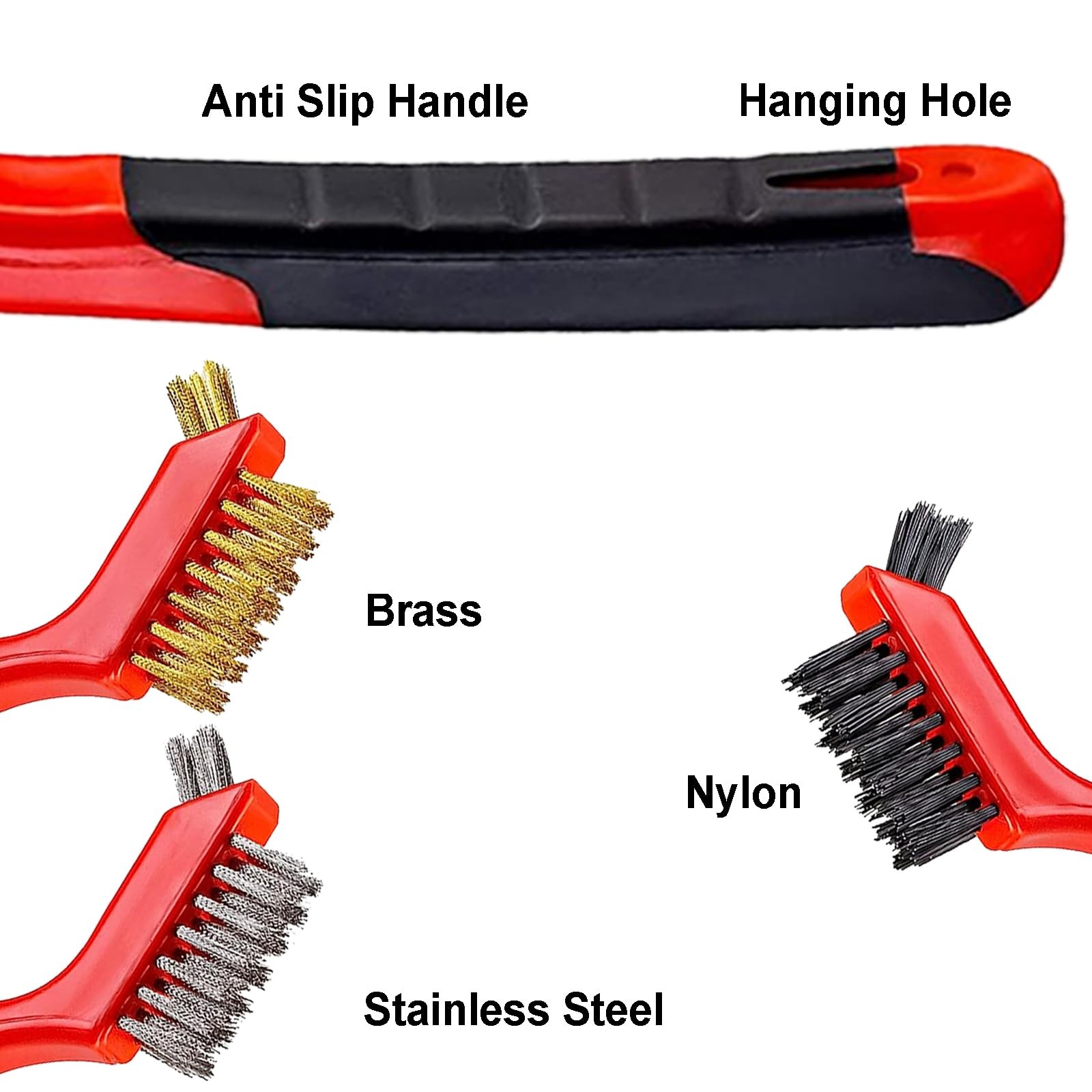 YiwerDer 6Pcs Mini Wire Brush Set, Stainless Steel/Brass/Nylon Bristles Red