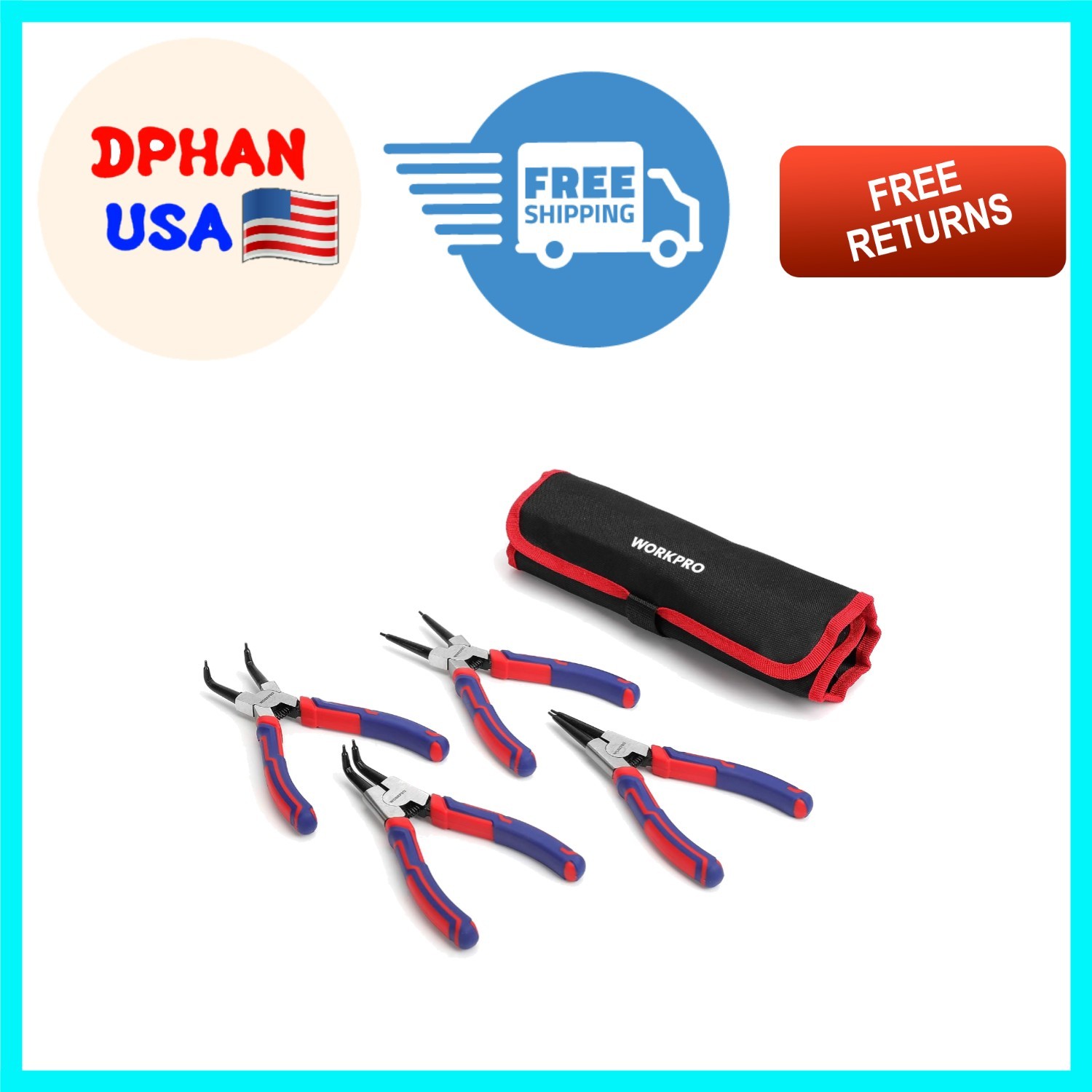 Ergonomic 7-Inch Snap Ring Pliers Kit – 4-Piece with Chrome Vanadium Steel