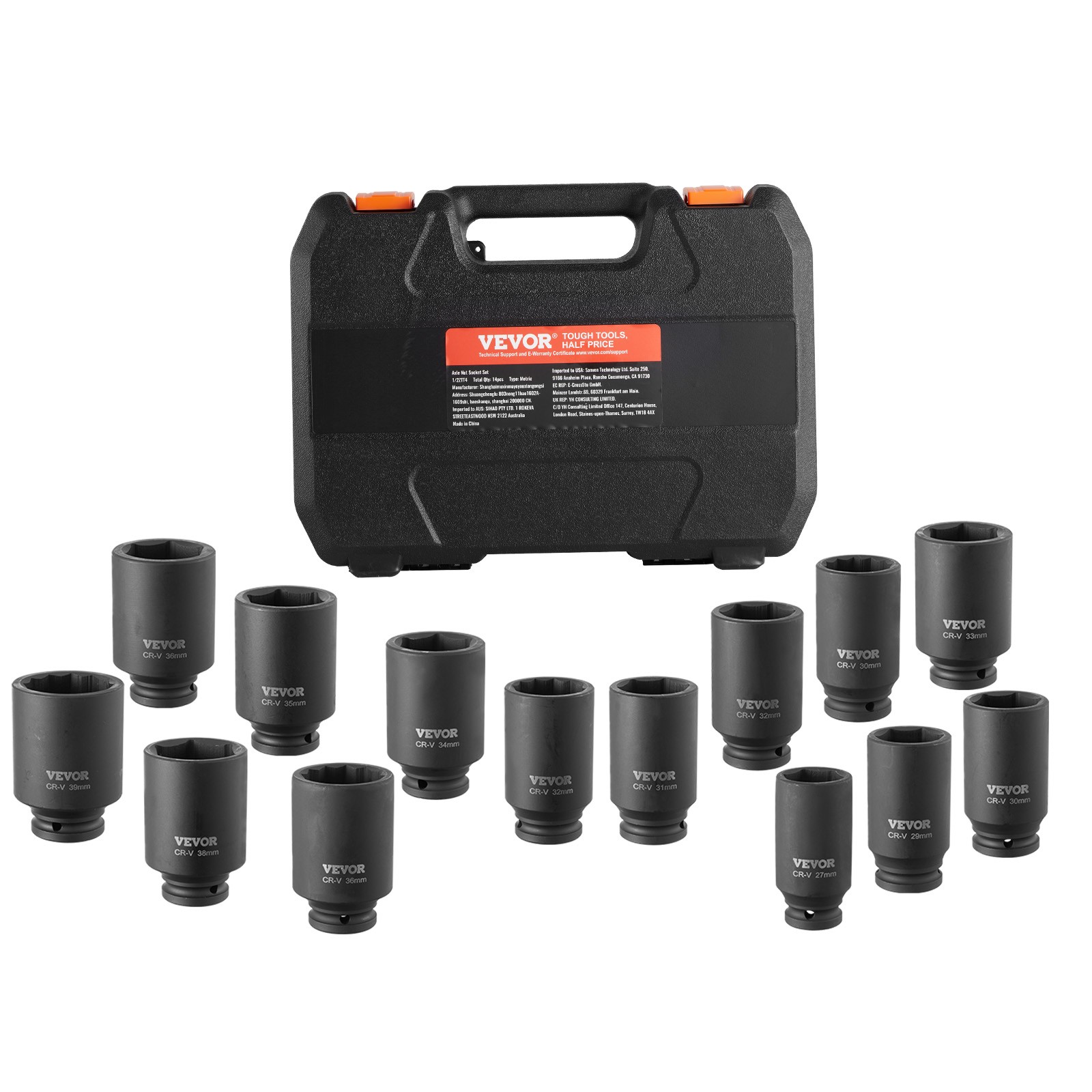 VEVOR Axle Nut Impact Socket Set 1/2″ Drive Deep 6+12-Point 14PCS Metric Socket