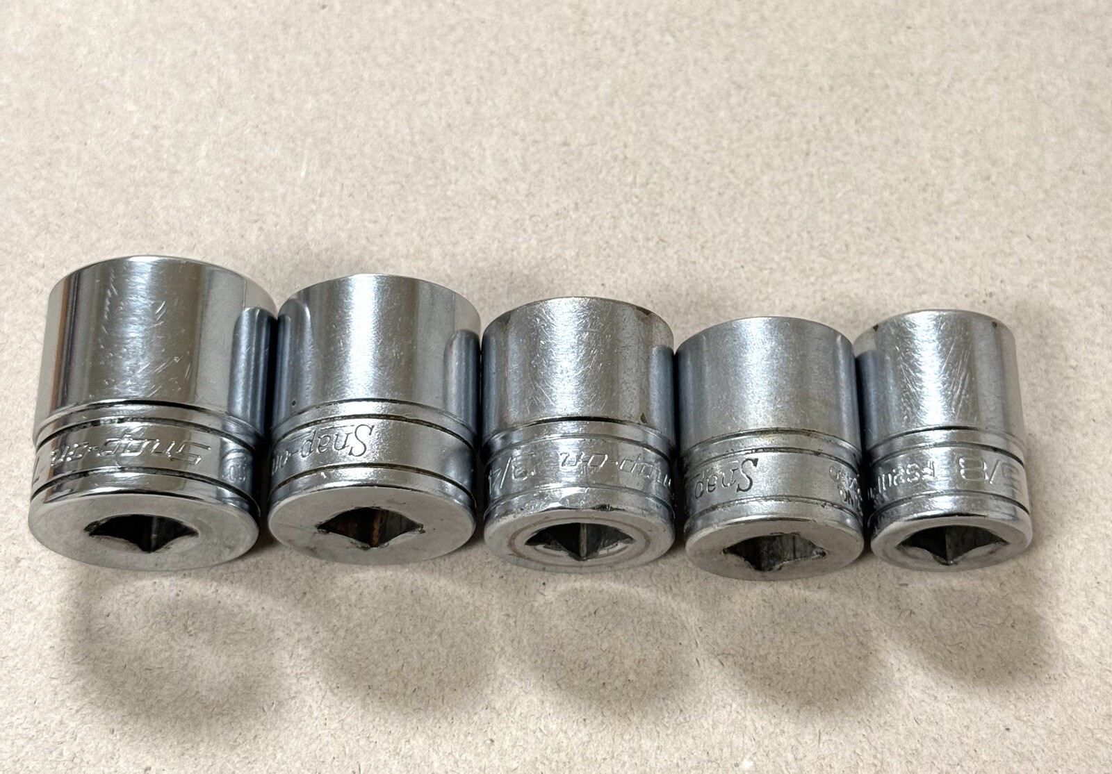 Snap On Tools 5pc 3/8” Drive SAE 6pt Sockets FS281,FS261,FS241,FS221,FS201