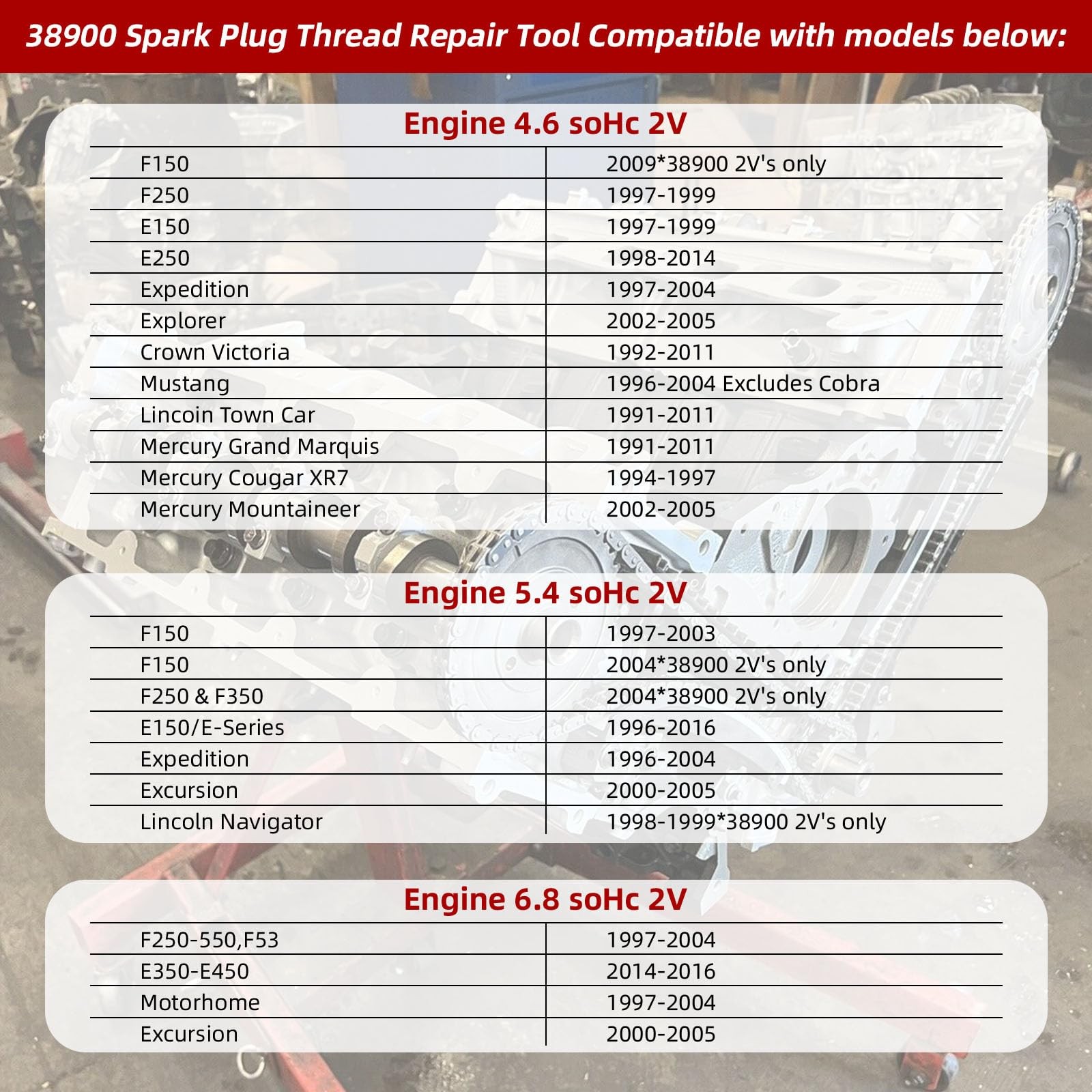 38900 Two Valve Tool Kit for Ford Triton,Spark Plug Thread Repair Kit,Foolpro…
