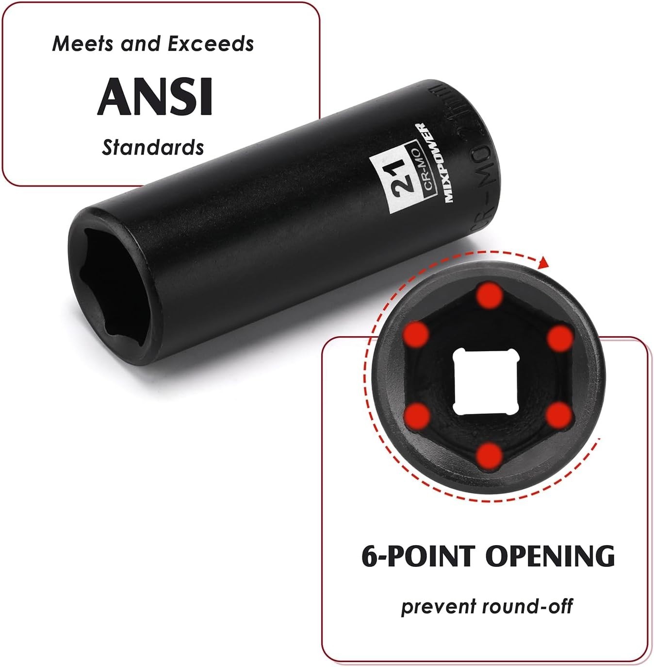 21mm Deep Impact Socket, 1/2 Inch Drive, 6 Point, CR-MO Steel
