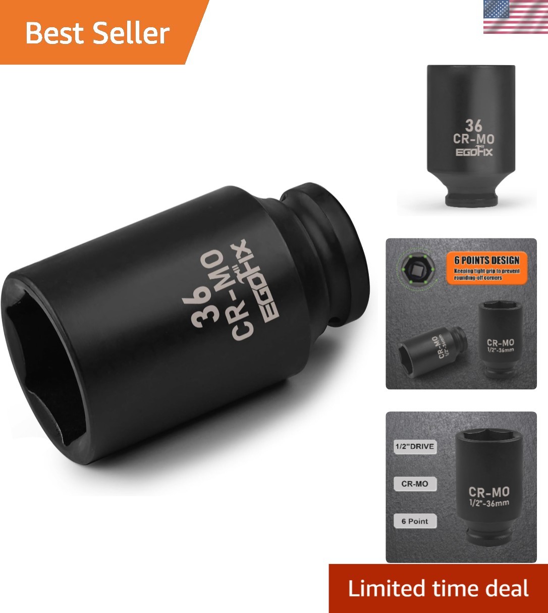 36mm Socket 1/2″ Drive Deep Impact Metric Socket,CR-MO 6 Point for Easy Remov…