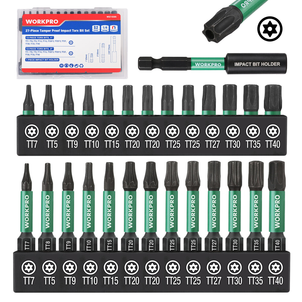 WORKPRO 27PC Impact Torx Bit Set 1/4″ Hex-Shank (TT7-TT40) W/1″&2″ Long Star Bit