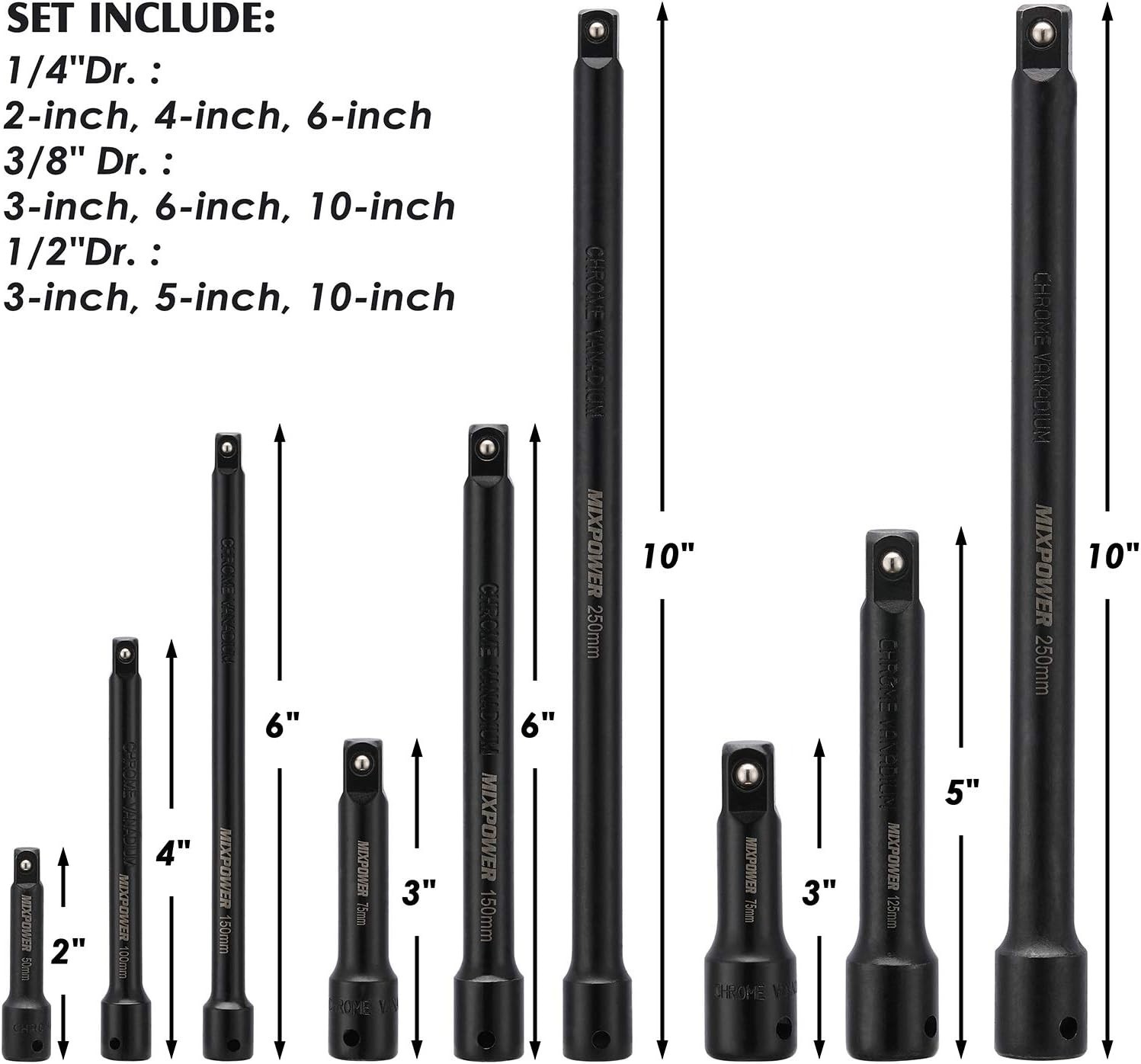 Durable Extension Bar Set for 1/4, 3/8, and 1/2 Drive with Locking System