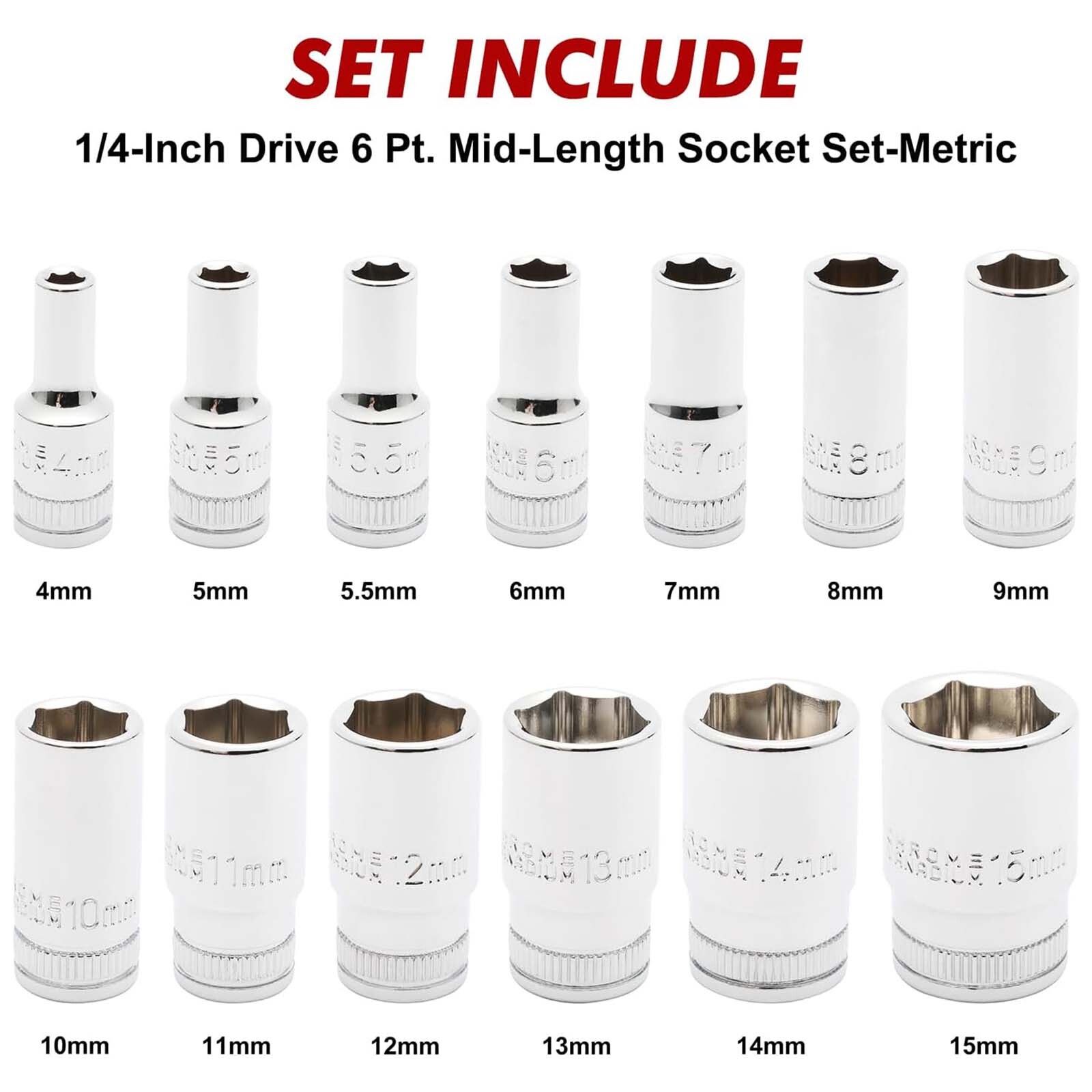 13PCS 1/4″Drive Mid-Length Socket Set, 6-Point Mirror Chrome Metric 4mm to 15mm