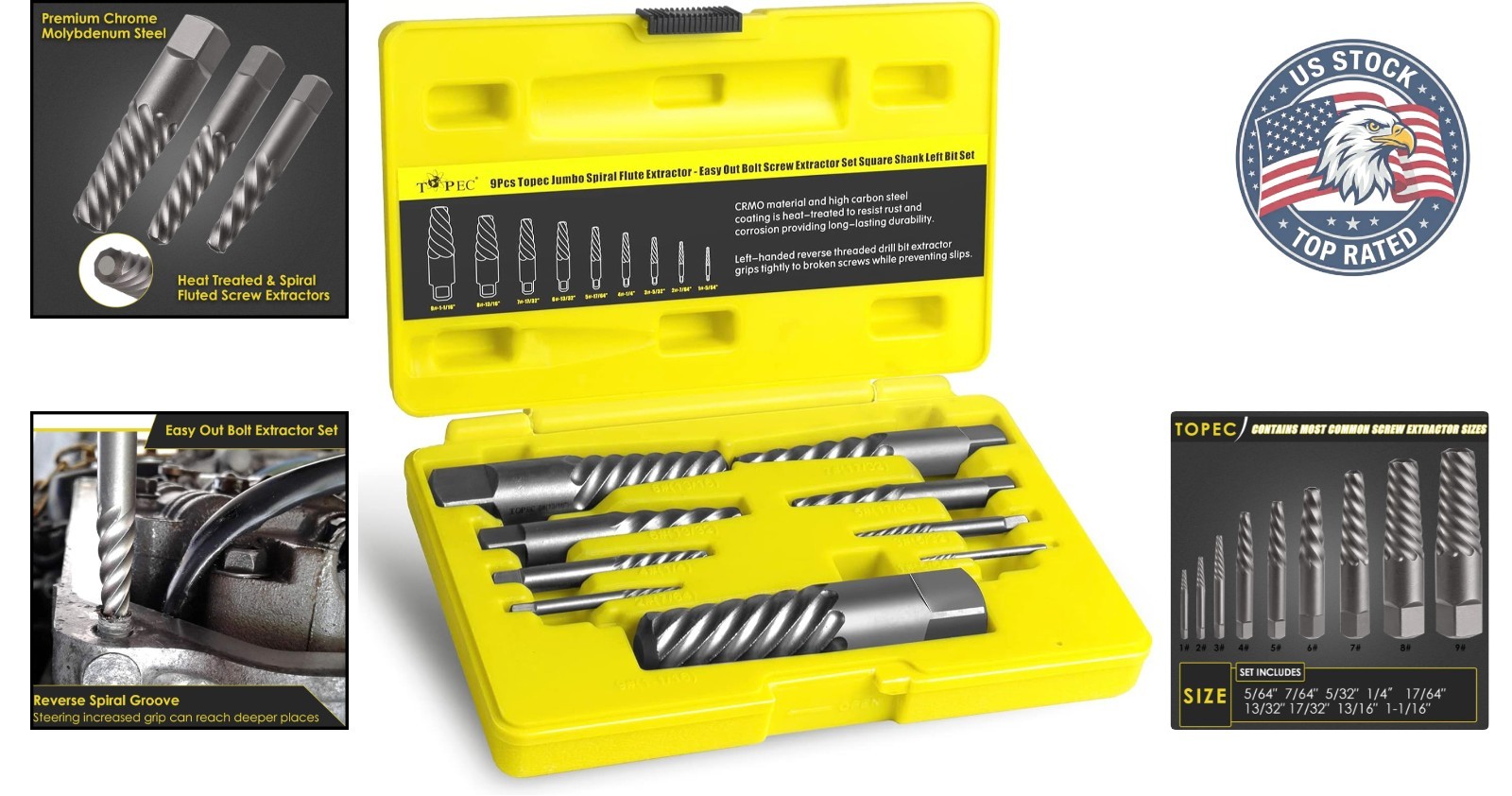 Efficient 9-Piece Reverse Drill Extractor Set – Removes Broken Screws Easily