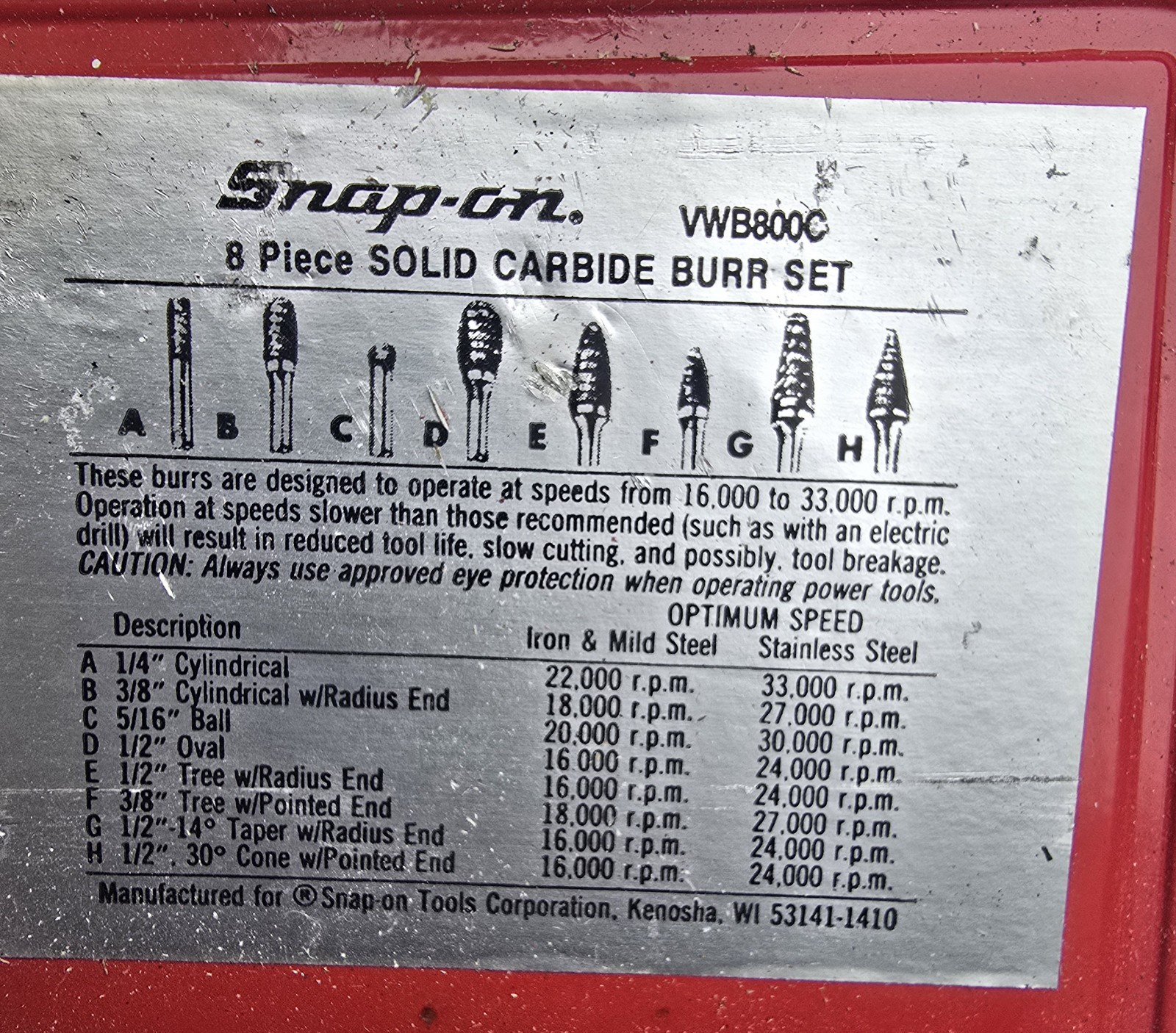 Snap-on. VWB80OC 8 Piece SOLID CARBIDE BURR SET Used Very Good Condition