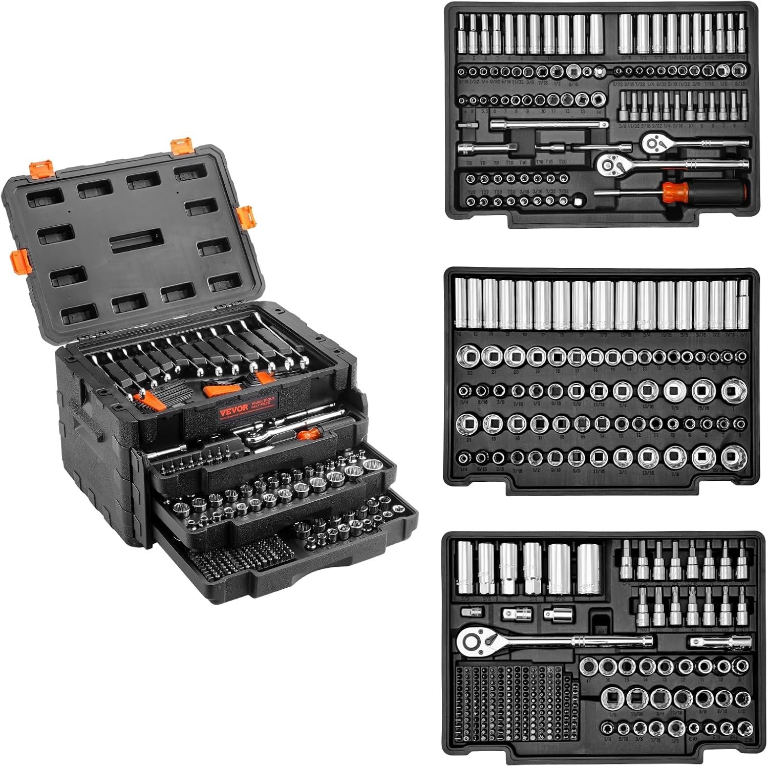 Mechanics Tool Set and Socket Set, 1/4″ 3/8″ 1/2″ Drive Deep and Standard Soc…