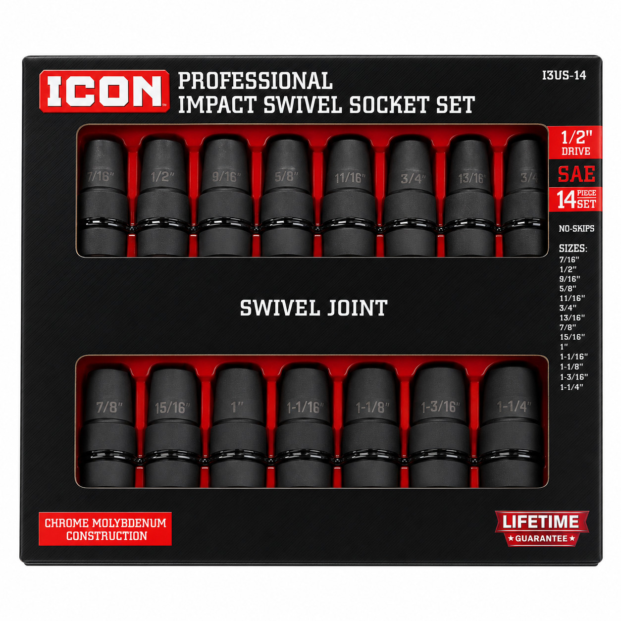 *NEW* ICON 1/2″ Drive SAE Impact Swivel Socket Set, 14-Piece, I3US-14, 59741