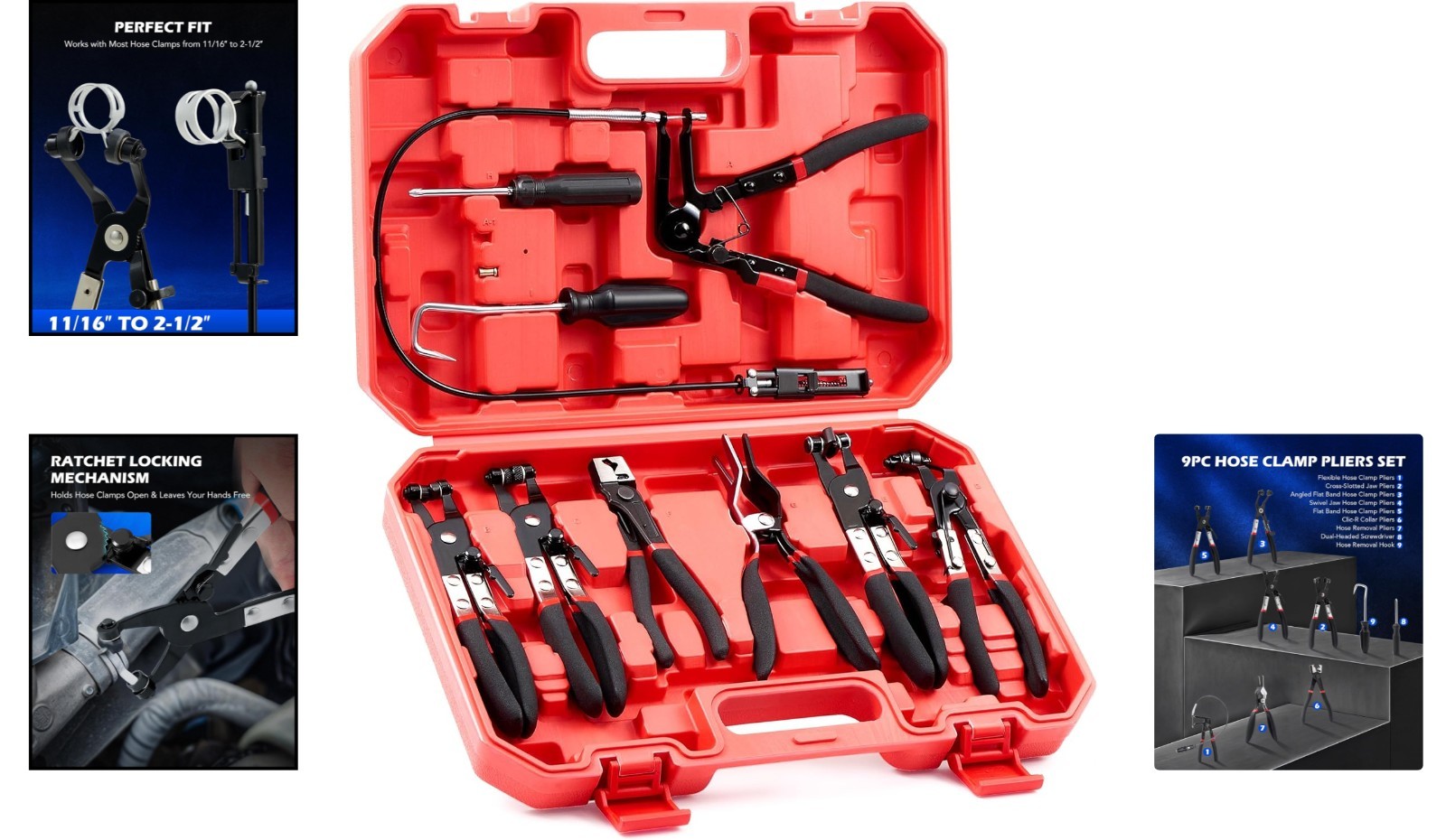 9-Piece Hose Clamp Pliers Set for Automotive Repairs, Alloy Steel, Black