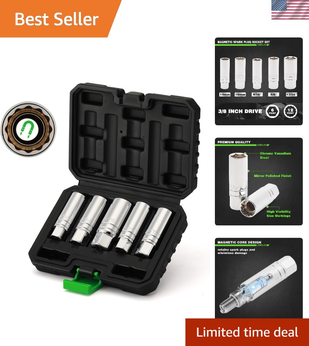 5 Piece 3/8-Inch Drive Magnetic Spark Plug Socket Set, Includes 14mm, 16mm Th…