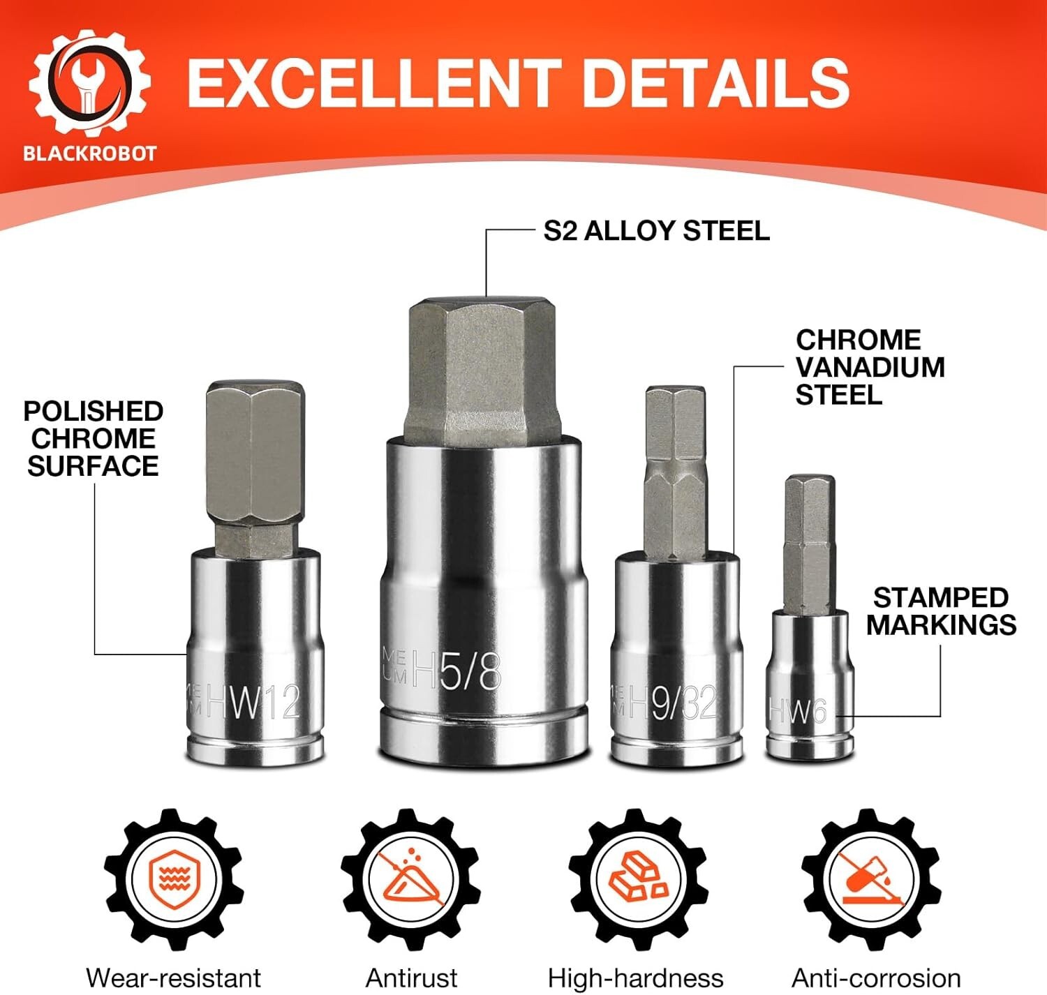 34PCS1/4″ 3/8″ 1/2″ Drive SAE & Metric Size Hex Bit Socket Set S2 Alloy Steel