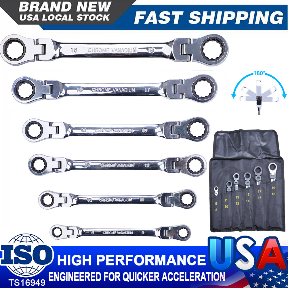 6 PCS Double Box End Metric Ratcheting Wrench Flex-Head Heavy Duty Spanner Set