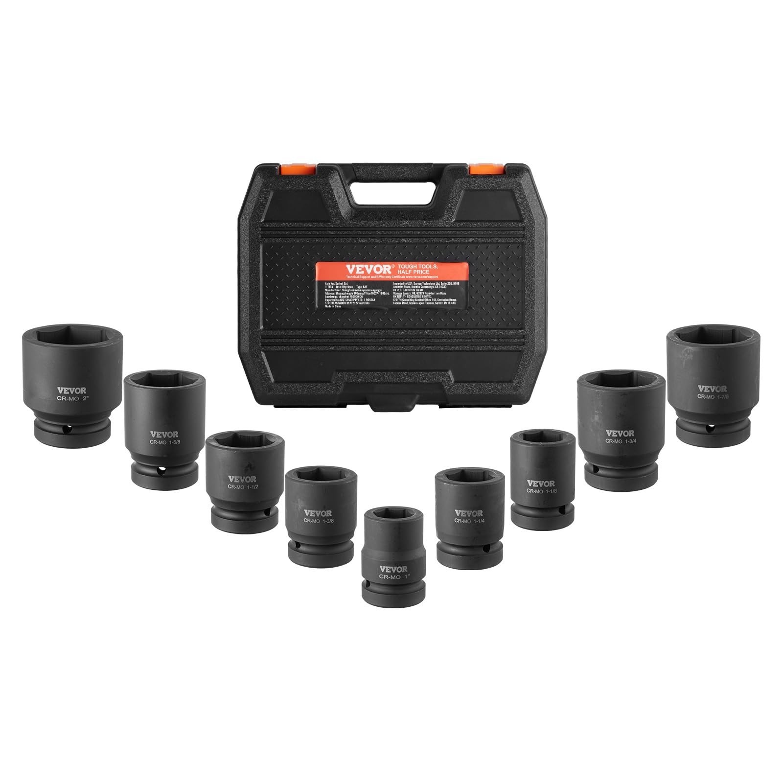 9-Piece 1″ Drive Axle Nut Impact Socket Set – 6-Point CR-MO Heavy Duty with Case