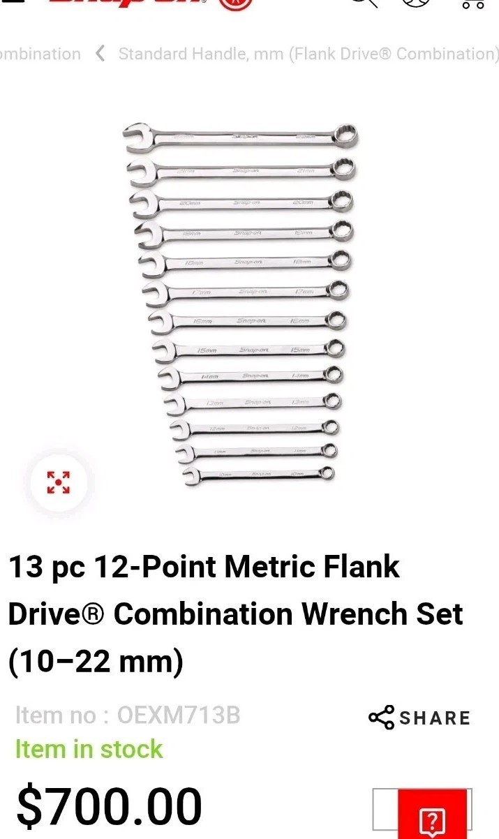 Snap On OEXM713 13 PIECE FLANK DRIVE METRIC COMBINATION WRENCH SET