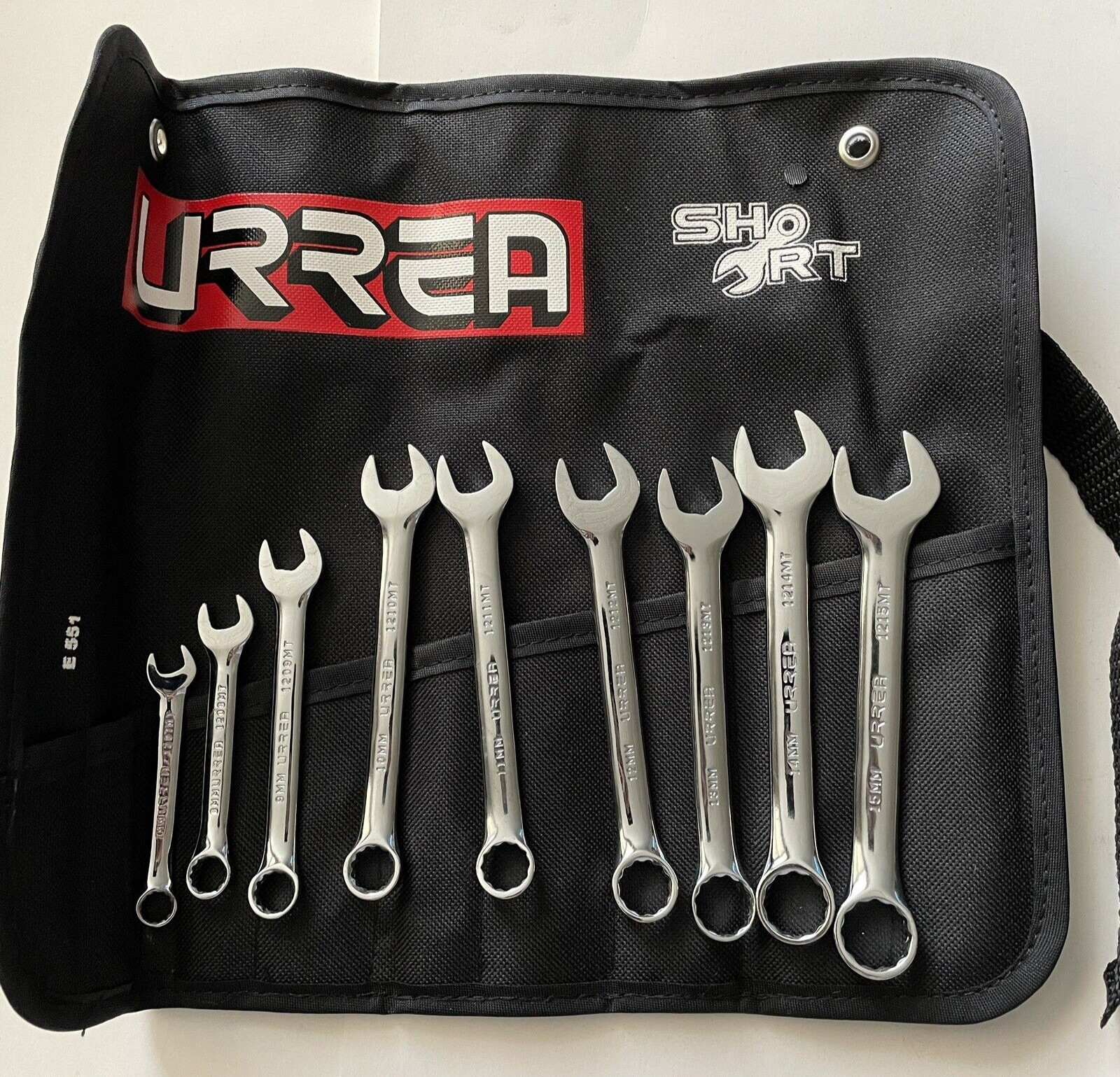 URREA 1200MT9 – 9 Pc. Metric Short Combination 12 Pt. Chrome Wrench Set & Pouch
