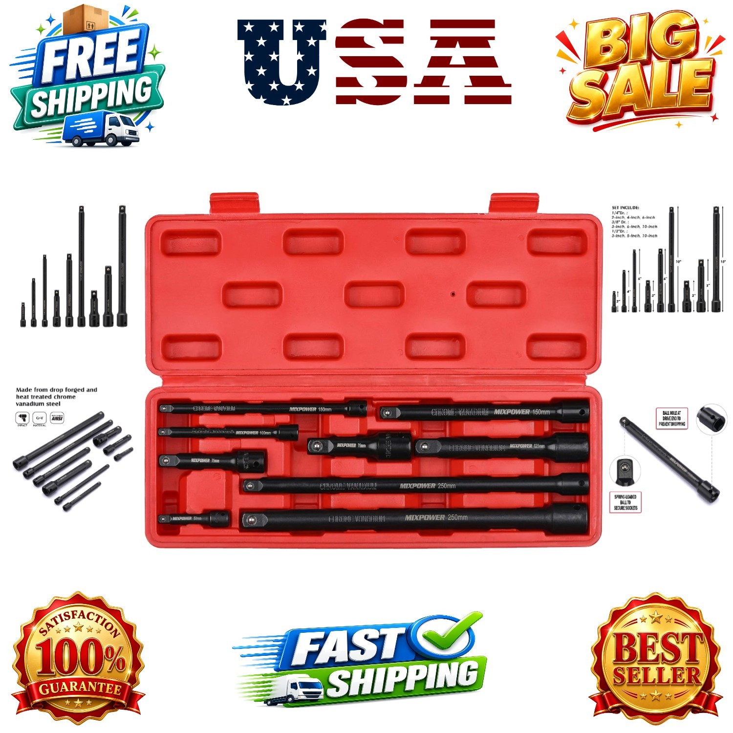 9-Piece Extension Bar Set, 1/4″, 3/8″ and 1/2″ Drive Socket Extension, Chrom…