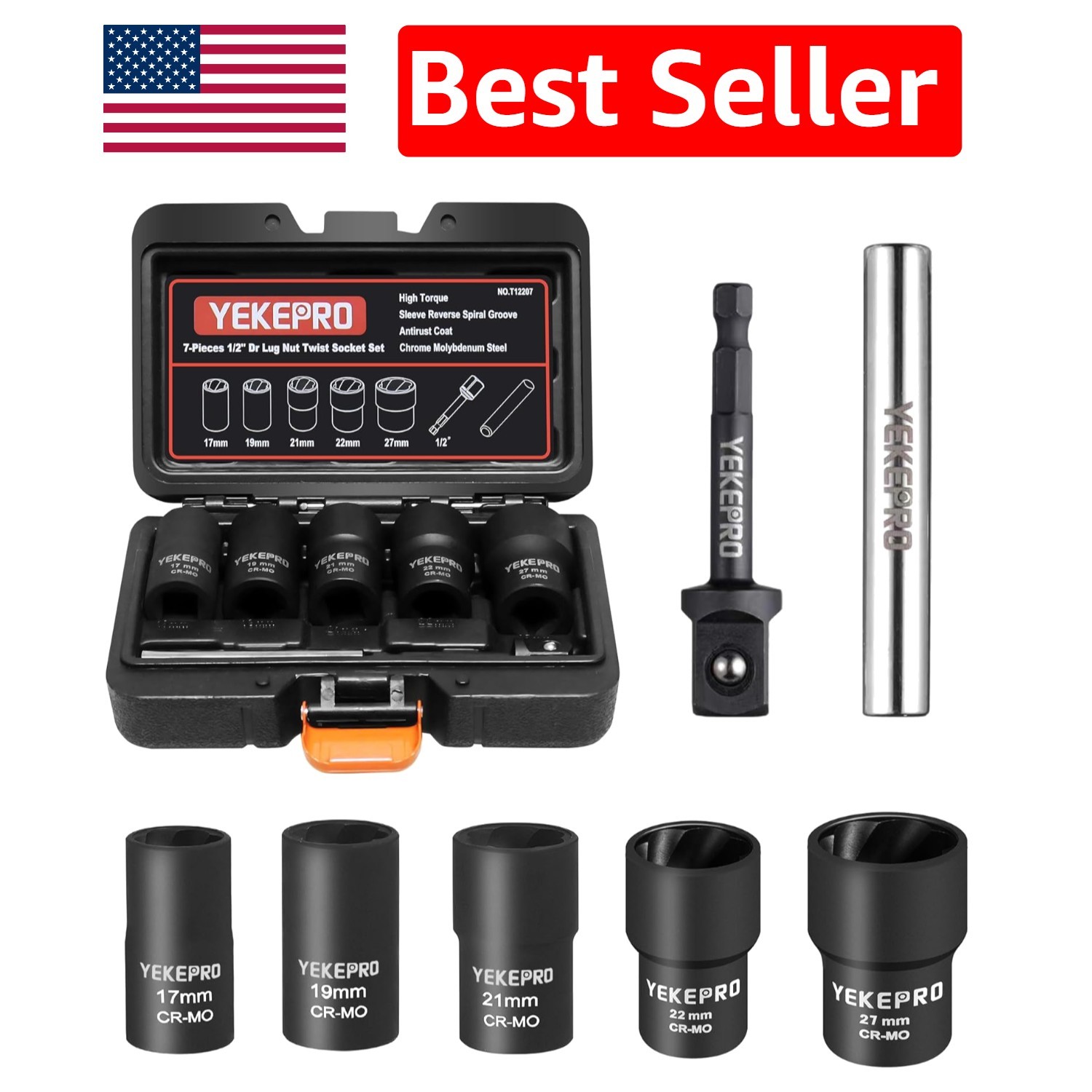 7-Piece Lug Nut Removal Tool Set – 1/2″ Drive Chrome Molybdenum Steel
