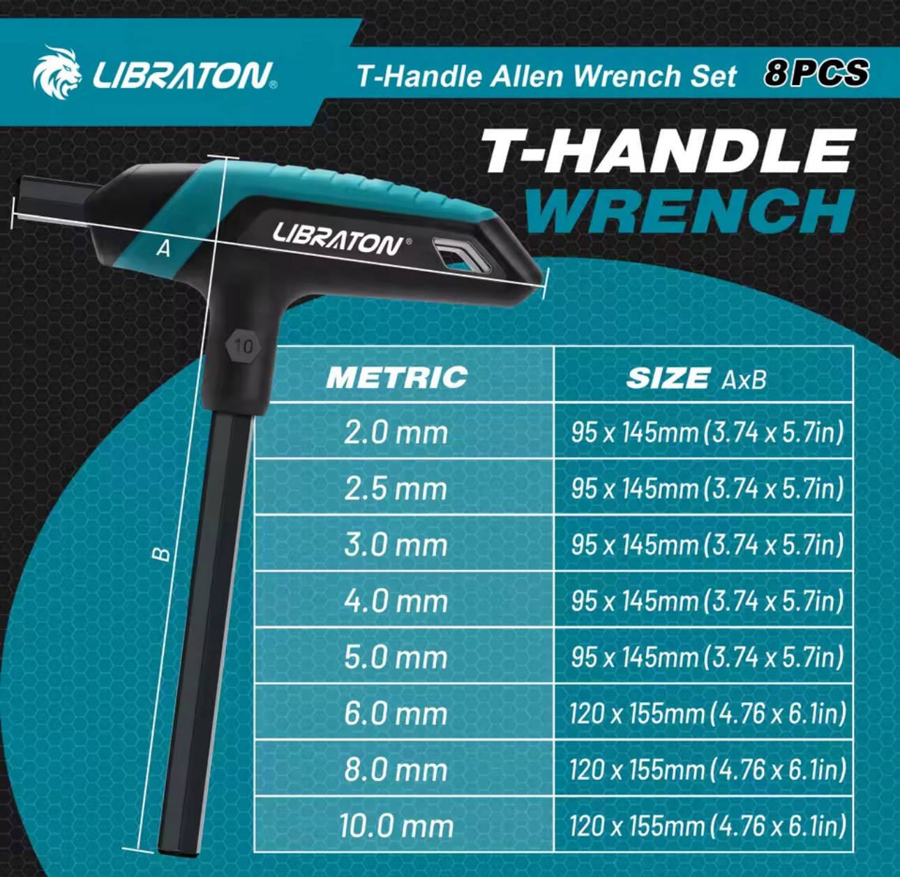 8PCS T Handle Hex Key Set Metric Allen Wrench Kit 2-10mm With Rack