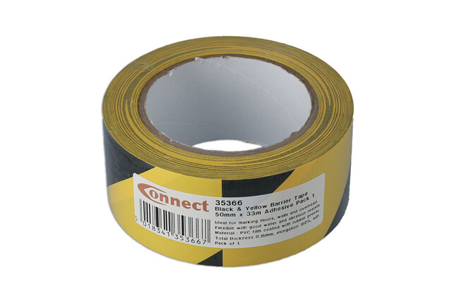 Connect 35366 Black & Yellow Barrier Tape 50mm x 33m Adhesive Pack 1