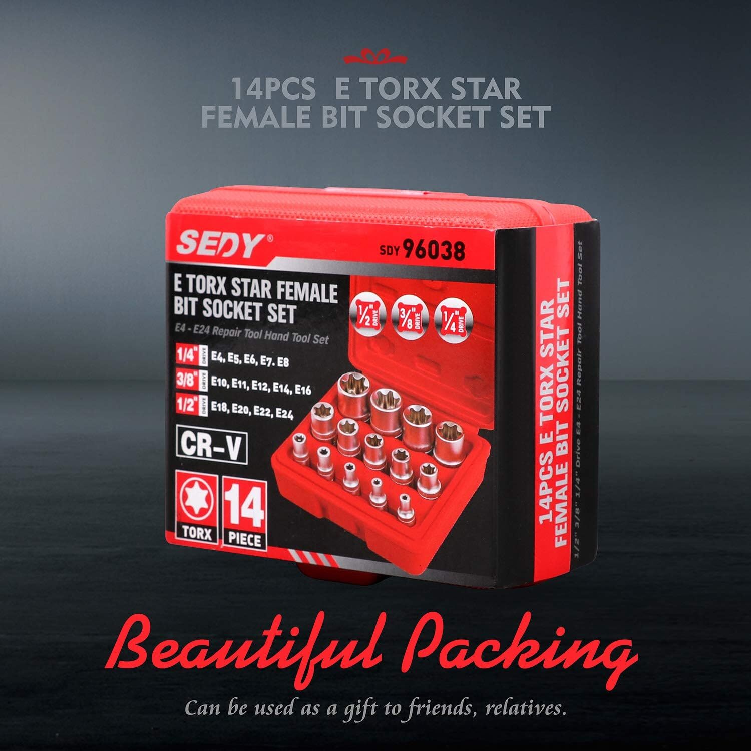 SEDY 14-Piece E-TORX Socket Set – Premium Female Torx 1/4″ 3/8″ 1/2″, Silver