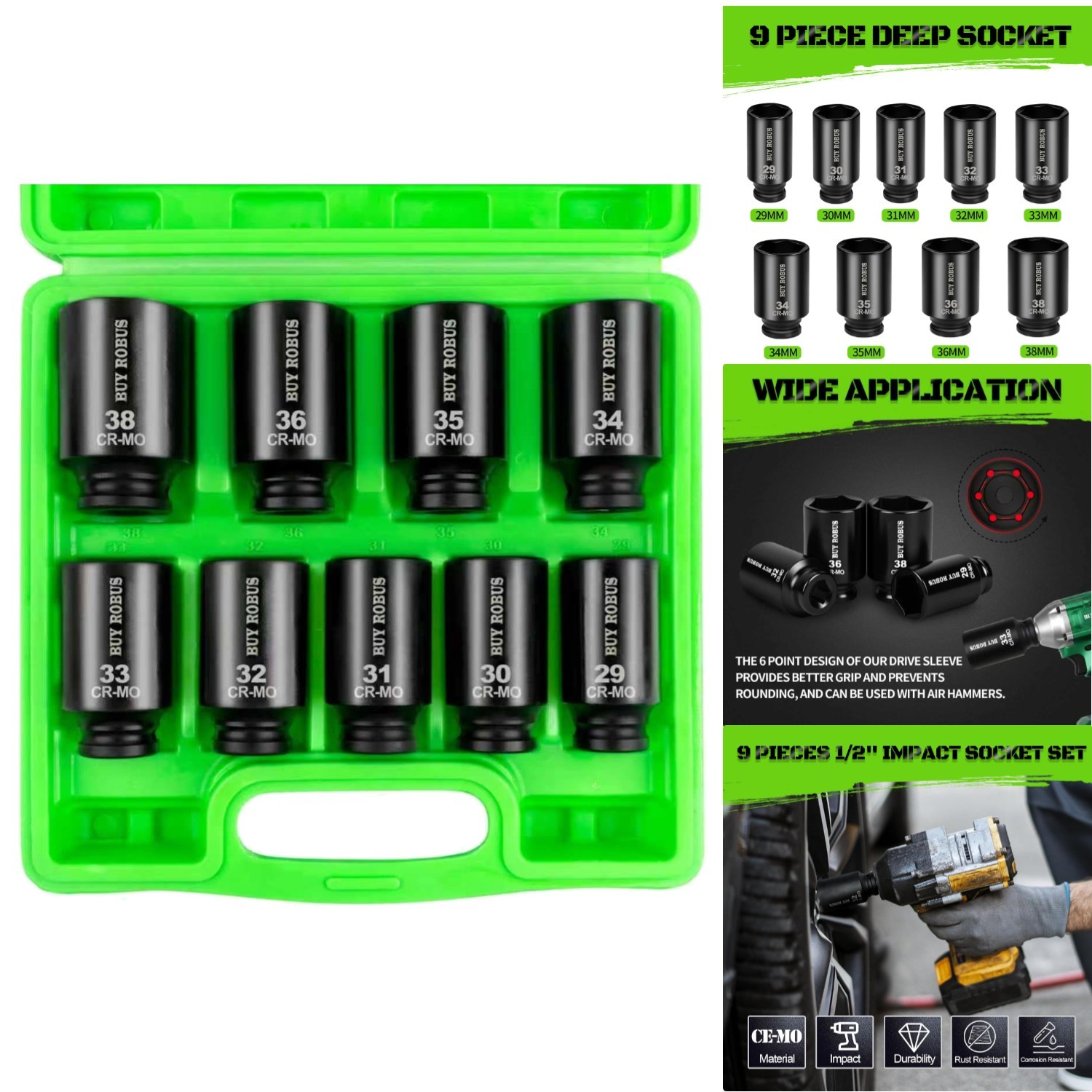 1/2″ Drive Deep Impact Socket Set Metric Axle Nut Sockets 6Pt Cr-Mo 29-38mm 9Pc