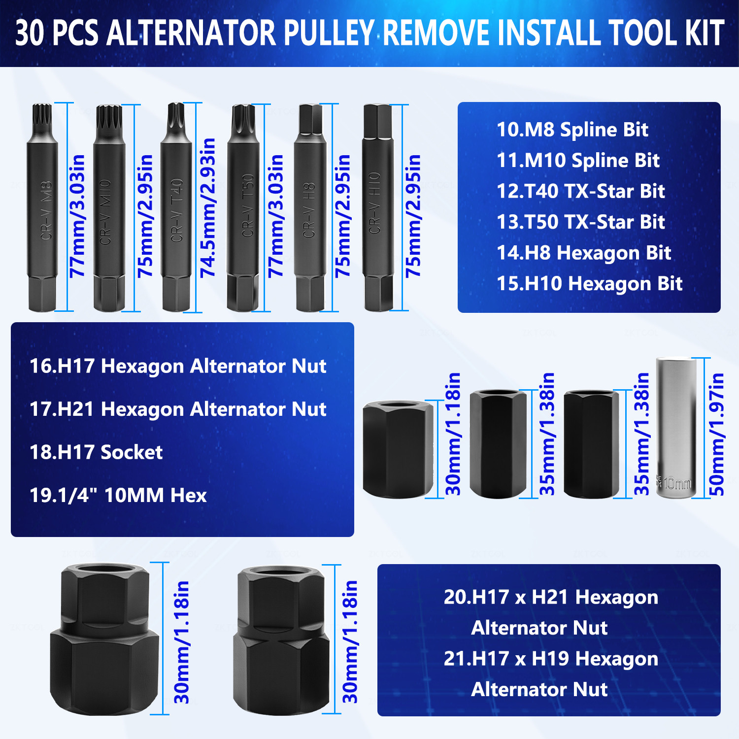 ZKTOOL 30PCS Automotive Alternator Pulley Removal Tool Kit